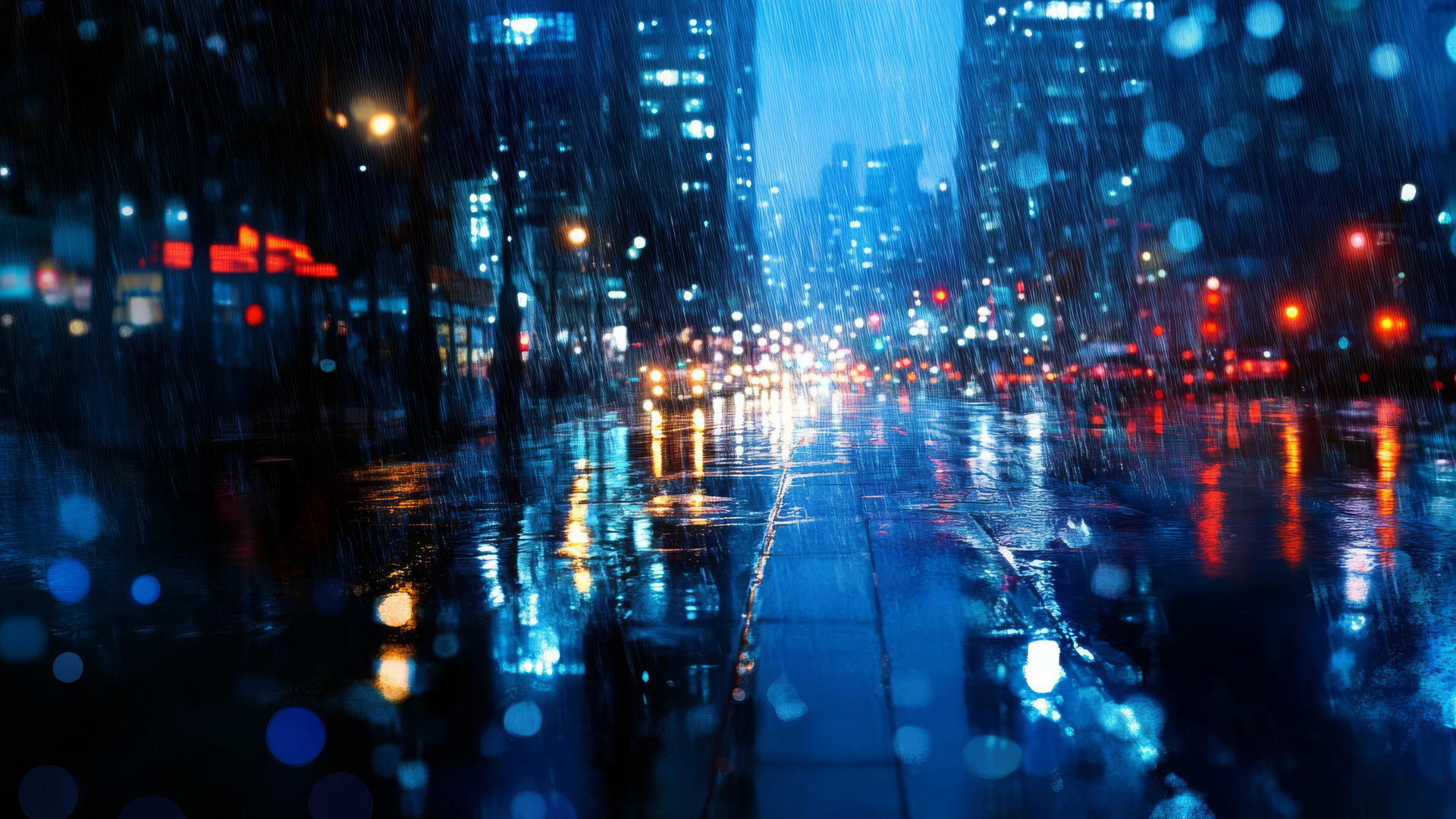 wallpaper blue showcasing a rainy city street with light reflections