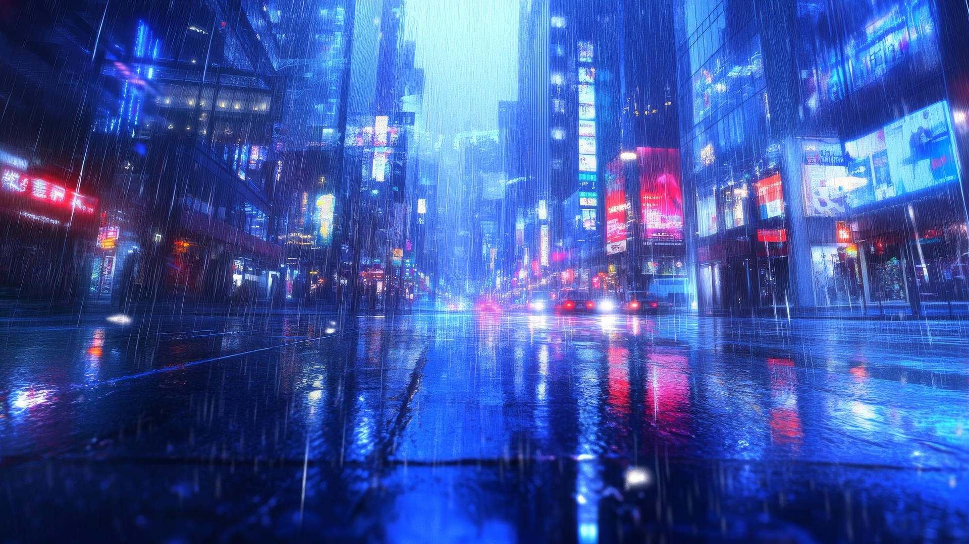 wallpaper blue, rainy city street with reflections