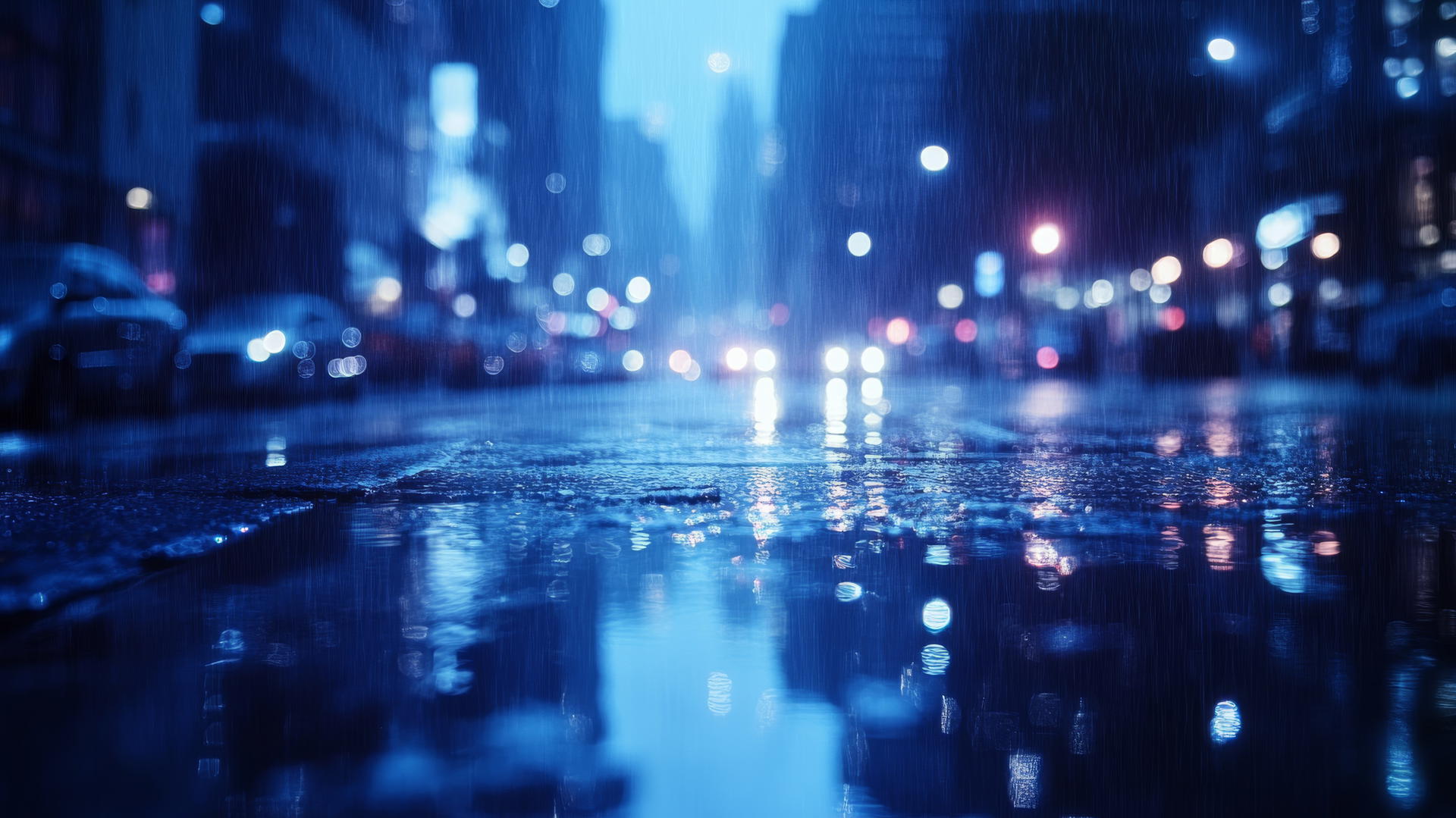 wallpaper blue, rainy city street with reflections on wet pavement