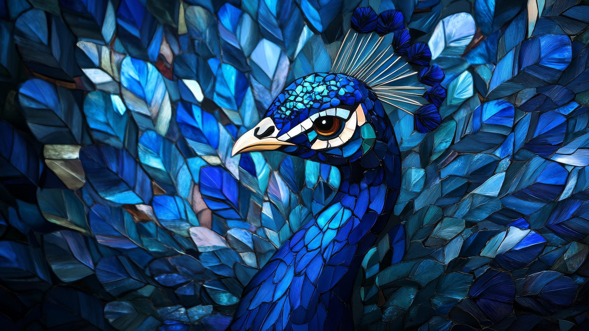 wallpaper blue featuring a stylized mosaic peacock with vibrant blue feathers