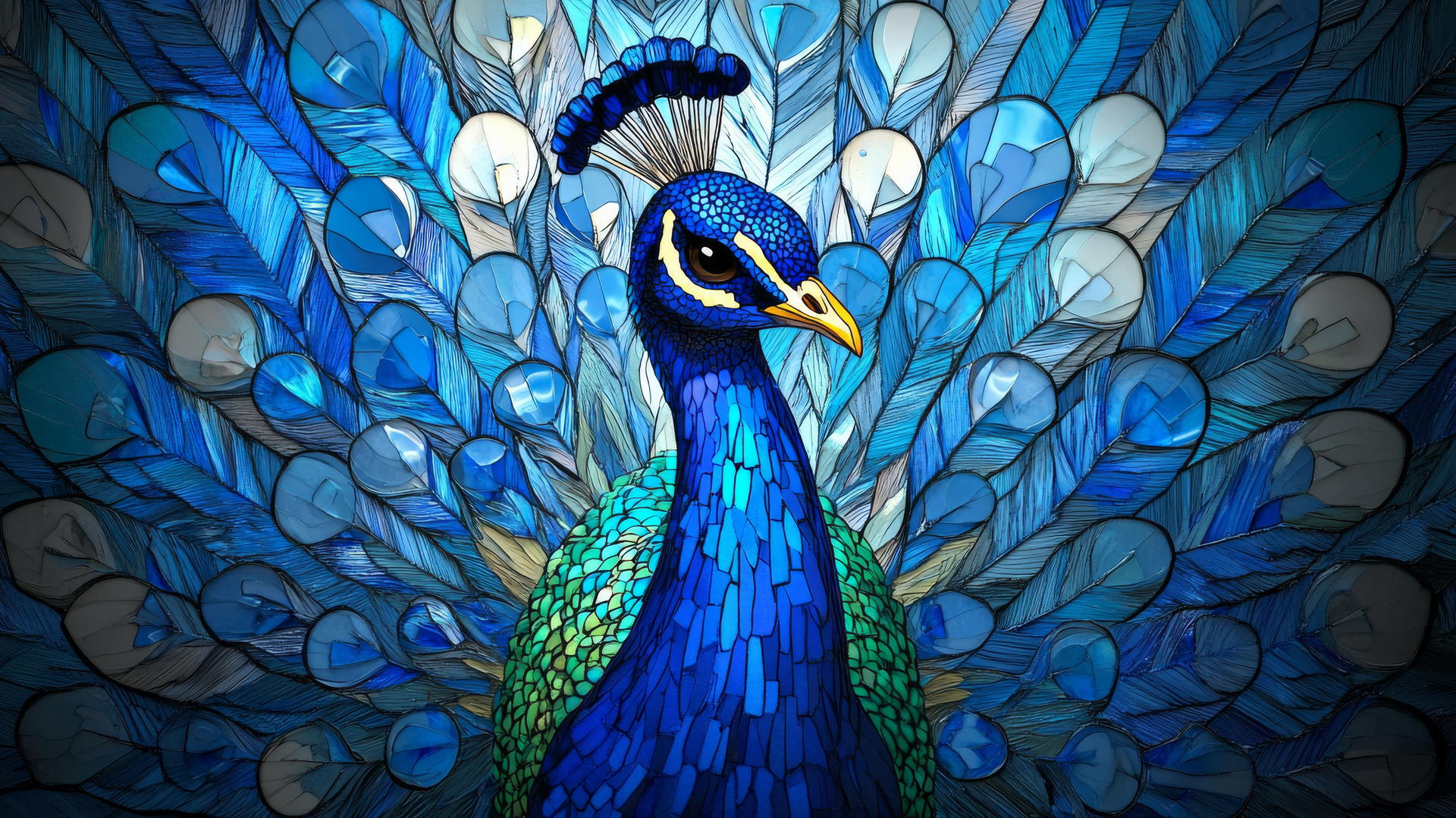 wallpaper blue, stylized mosaic of a peacock with vibrant feathers