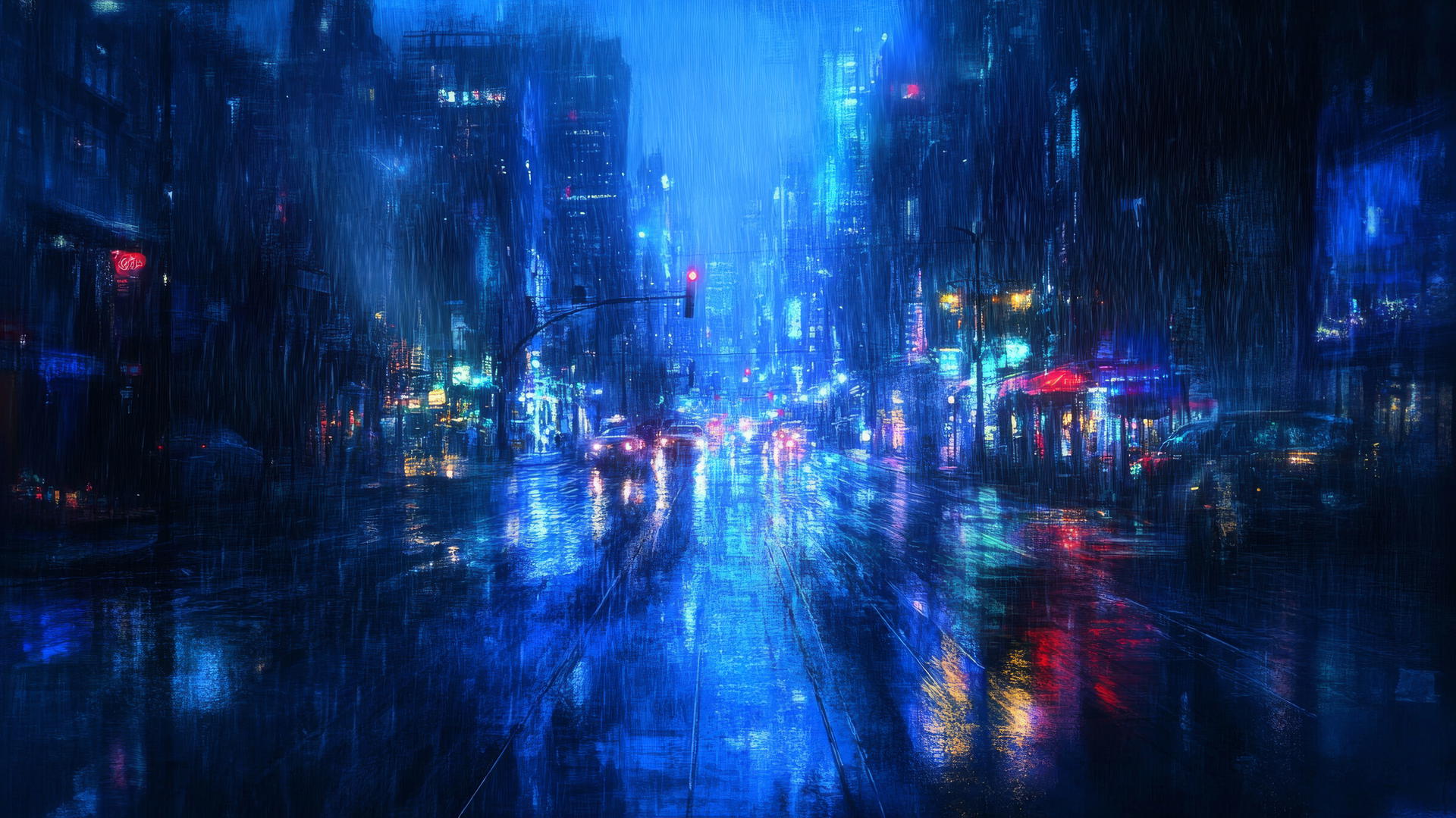 wallpaper blue with rainy city street and shimmering reflections
