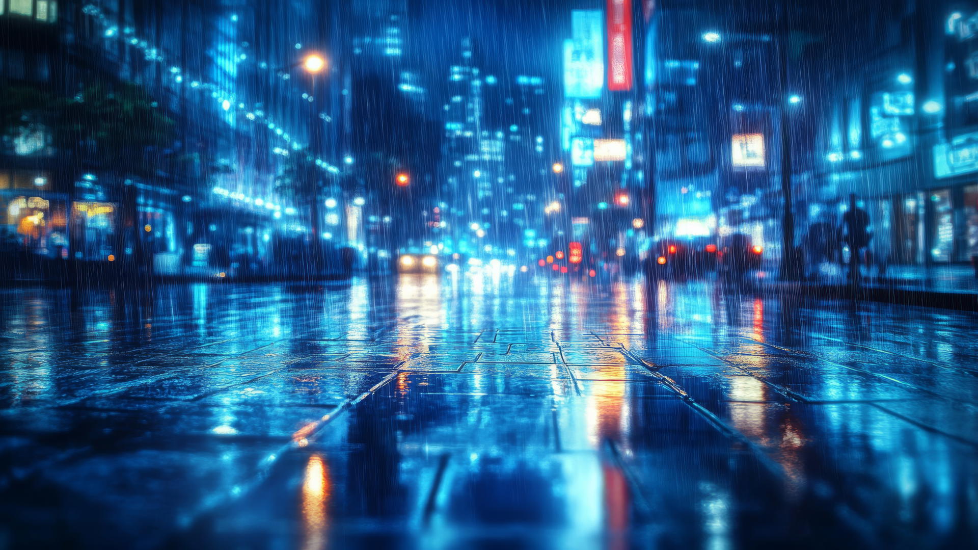 wallpaper blue: rainy city street with reflections on wet pavement
