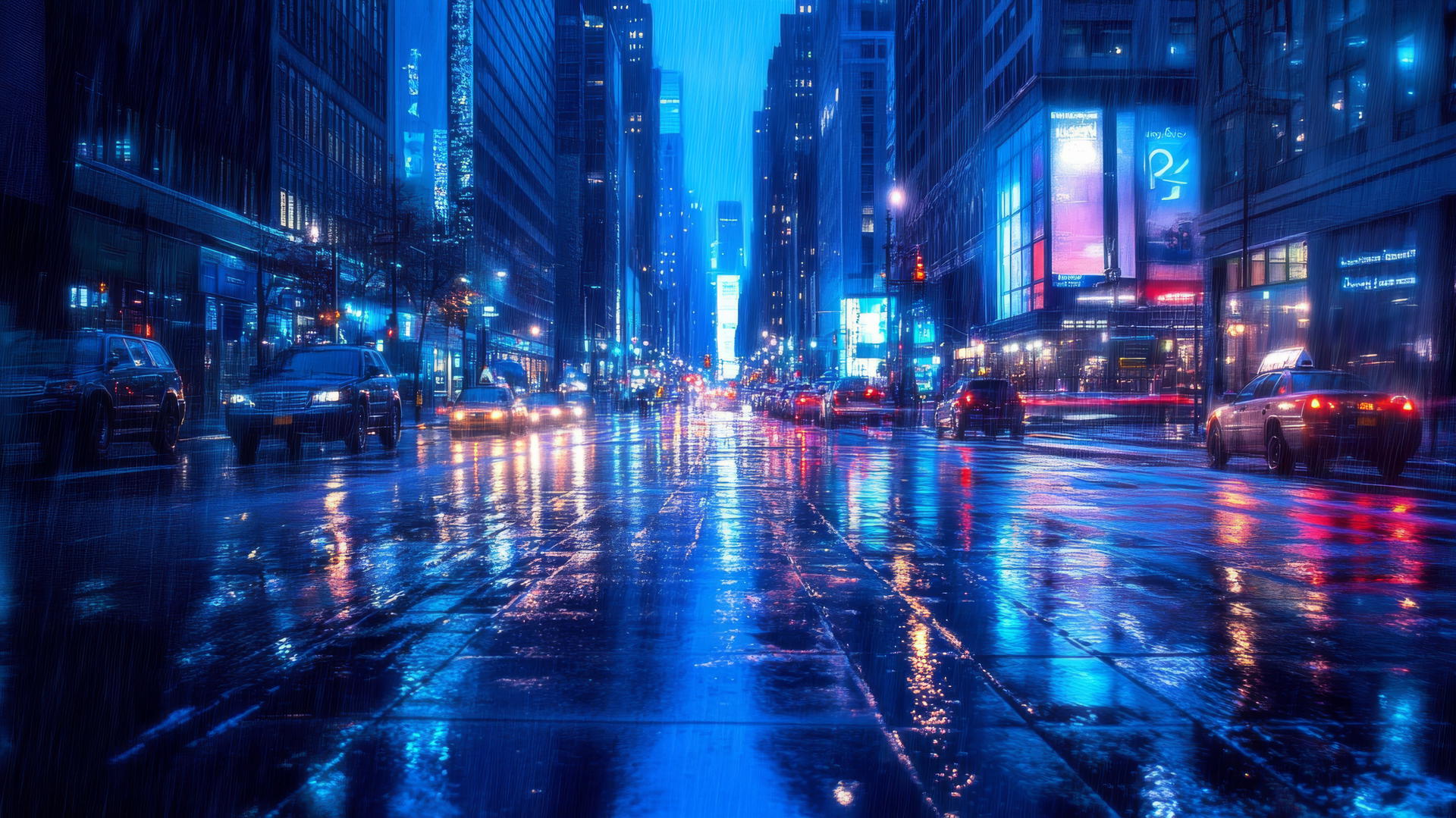 wallpaper blue of a rainy city street with light reflections