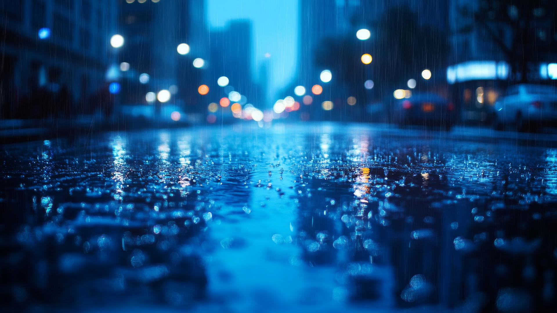 wallpaper blue rainy city street with reflections of lights and buildings
