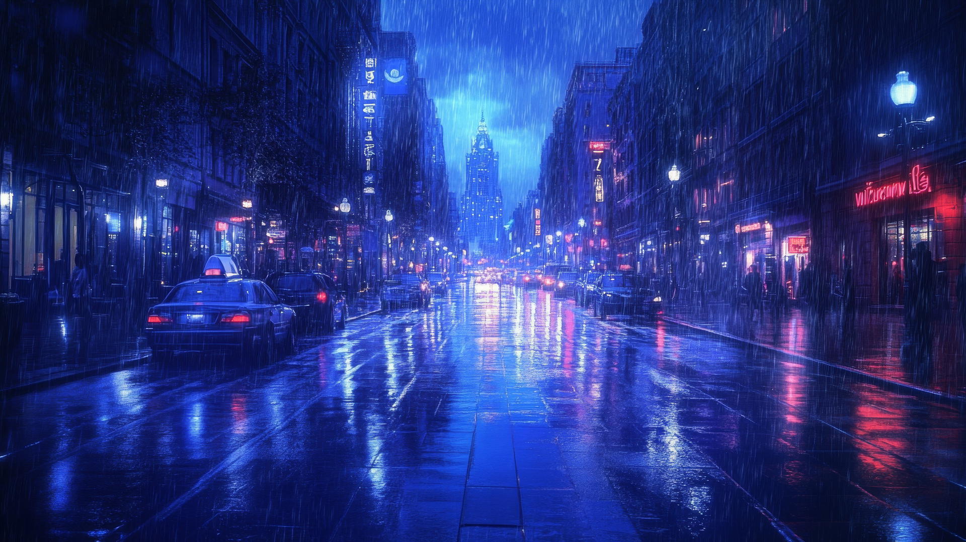Wallpaper blue of rainy city street with light reflections on wet pavement