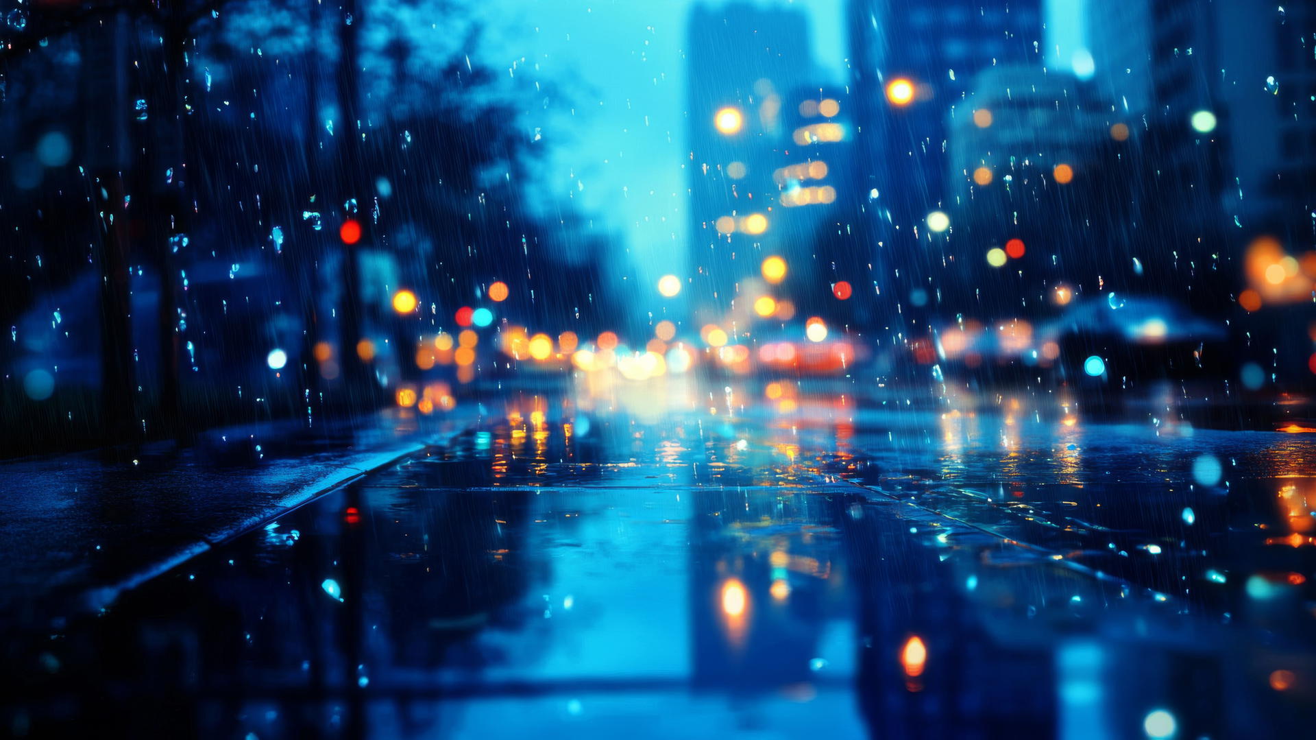 wallpaper blue, rainy city street with light reflections, moody and atmospheric