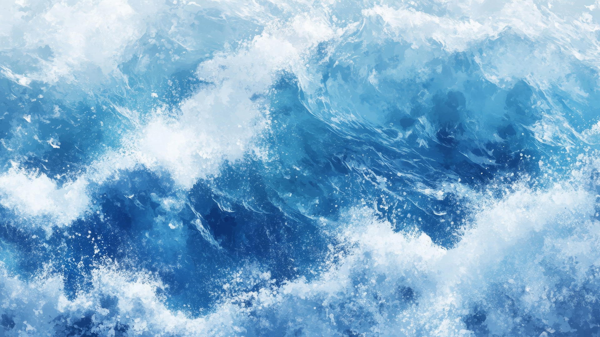 Blue and white wallpaper featuring ocean waves crashing with white foam and spray