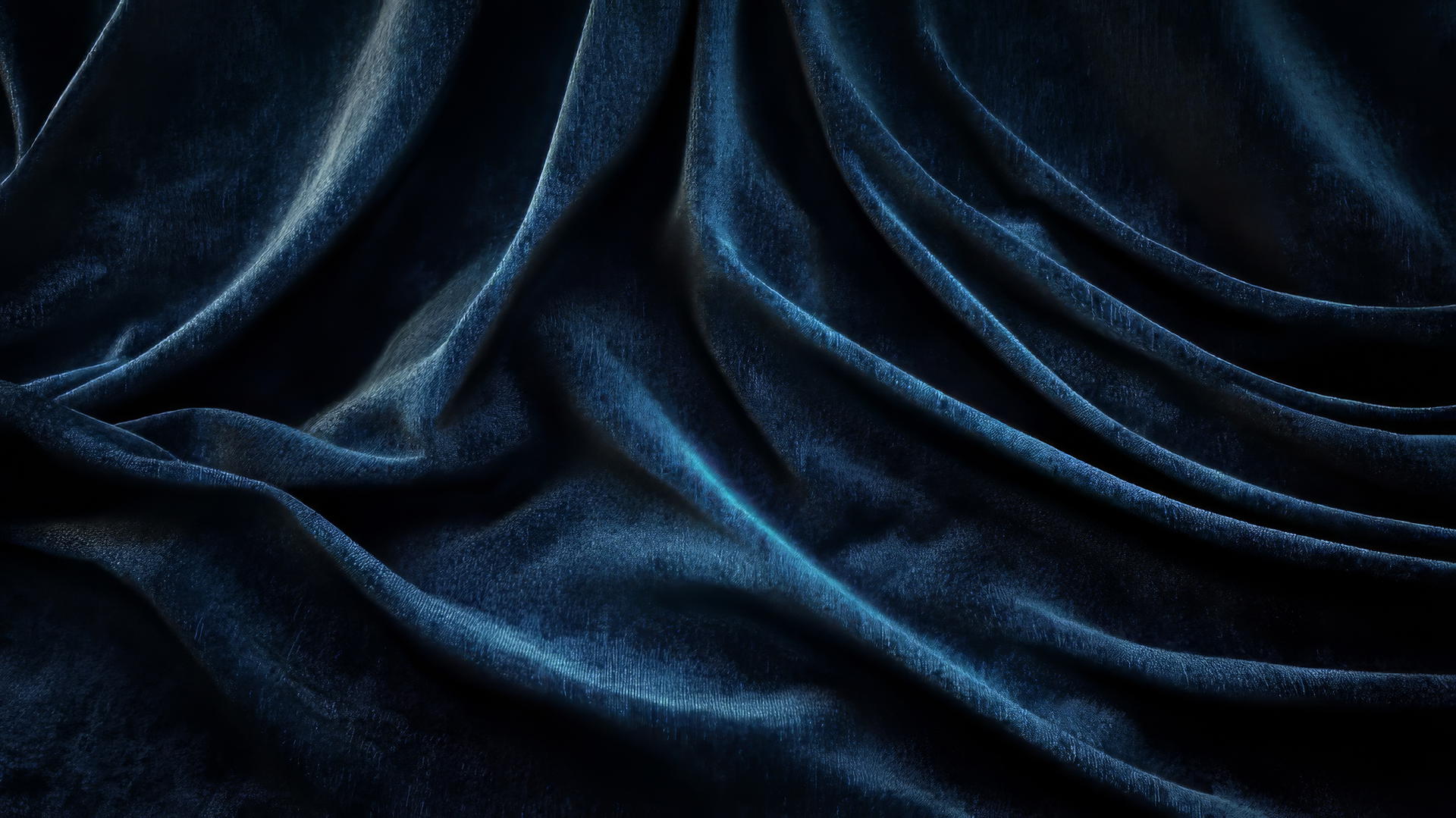 dark blue aesthetic wallpaper with rich velvet curtains, soft folds, and shadows