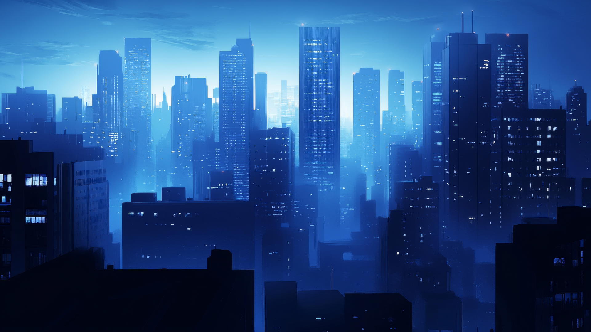 dark blue aesthetic wallpaper of a cityscape at dusk with soft blue city lights