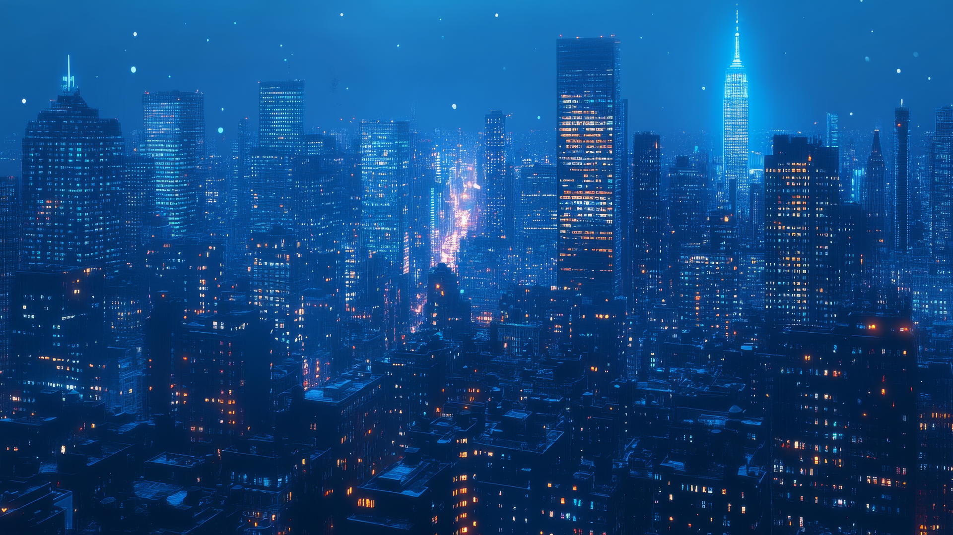 dark blue aesthetic wallpaper of a cityscape at dusk with soft blue glow