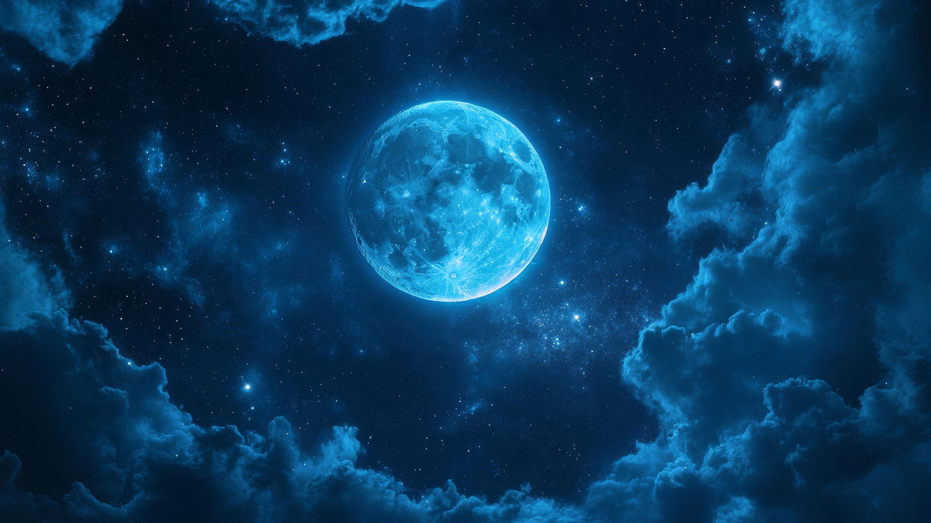 Aesthetic blue wallpaper with a celestial blue moon against a starry night sky.