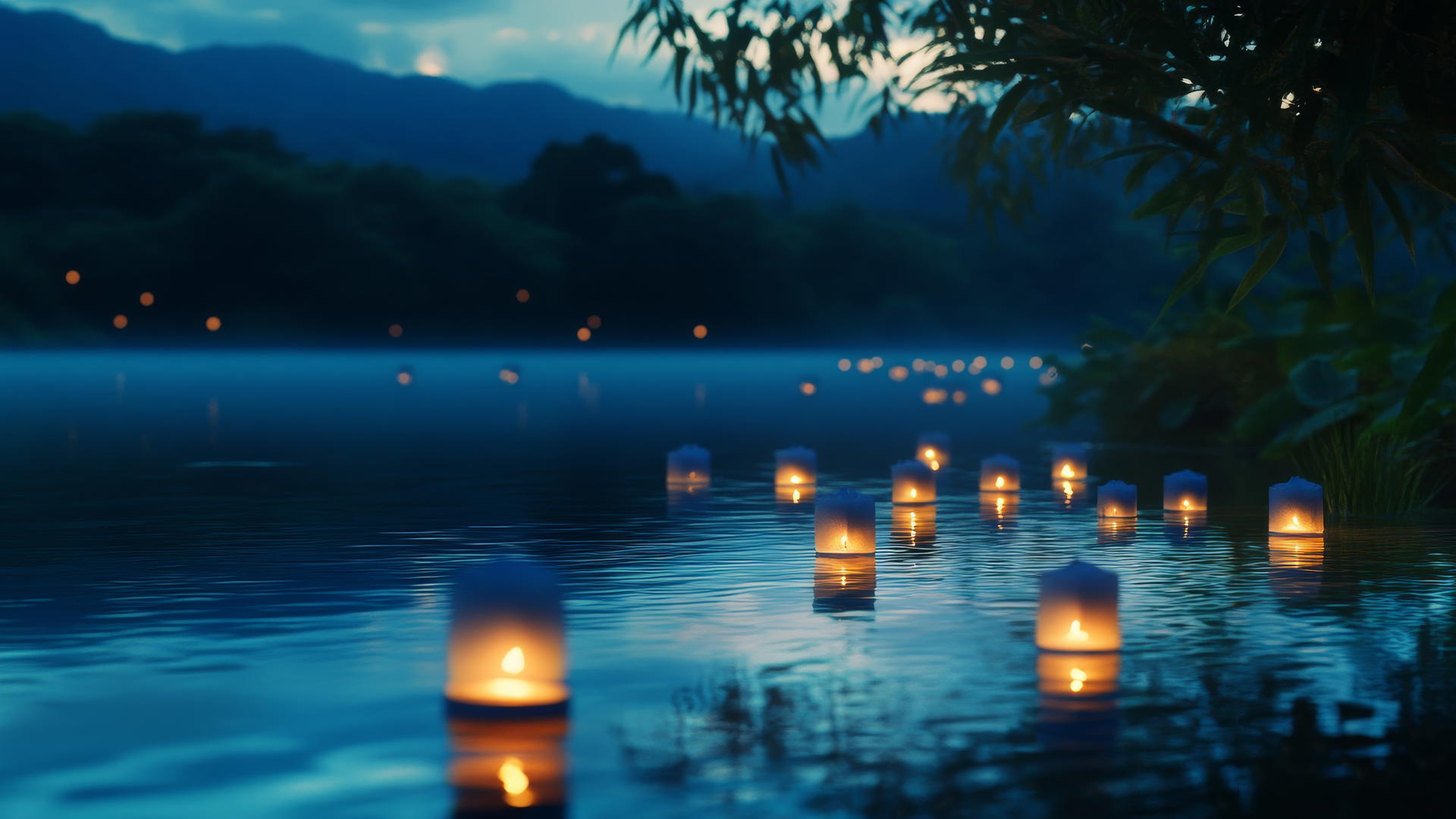 aesthetic blue wallpaper with floating blue lanterns on a twilight lake
