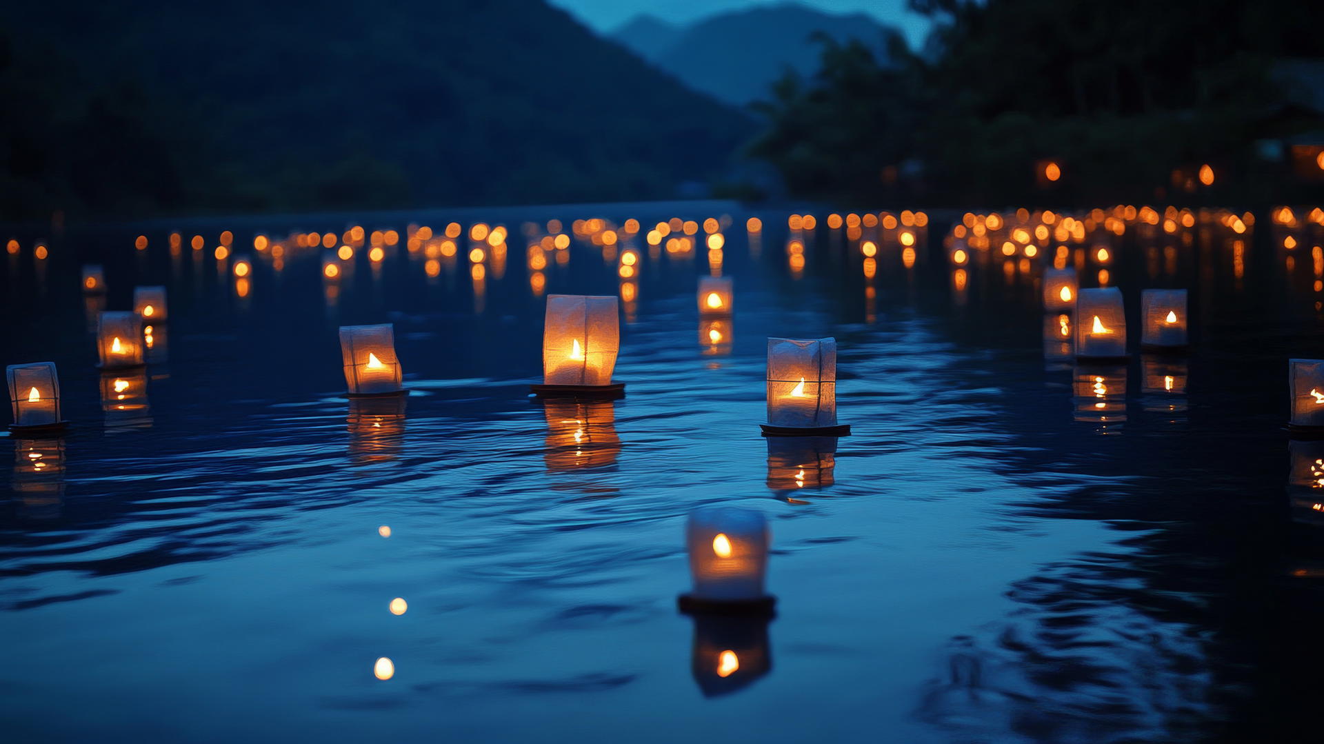 aesthetic blue wallpaper with floating lanterns on a twilight lake