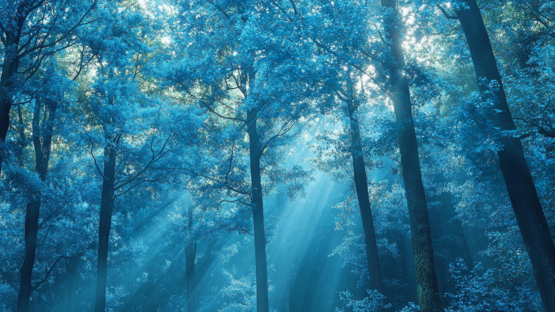 aesthetic blue wallpaper with tall trees, blue-tinted leaves, and dappled sunlight