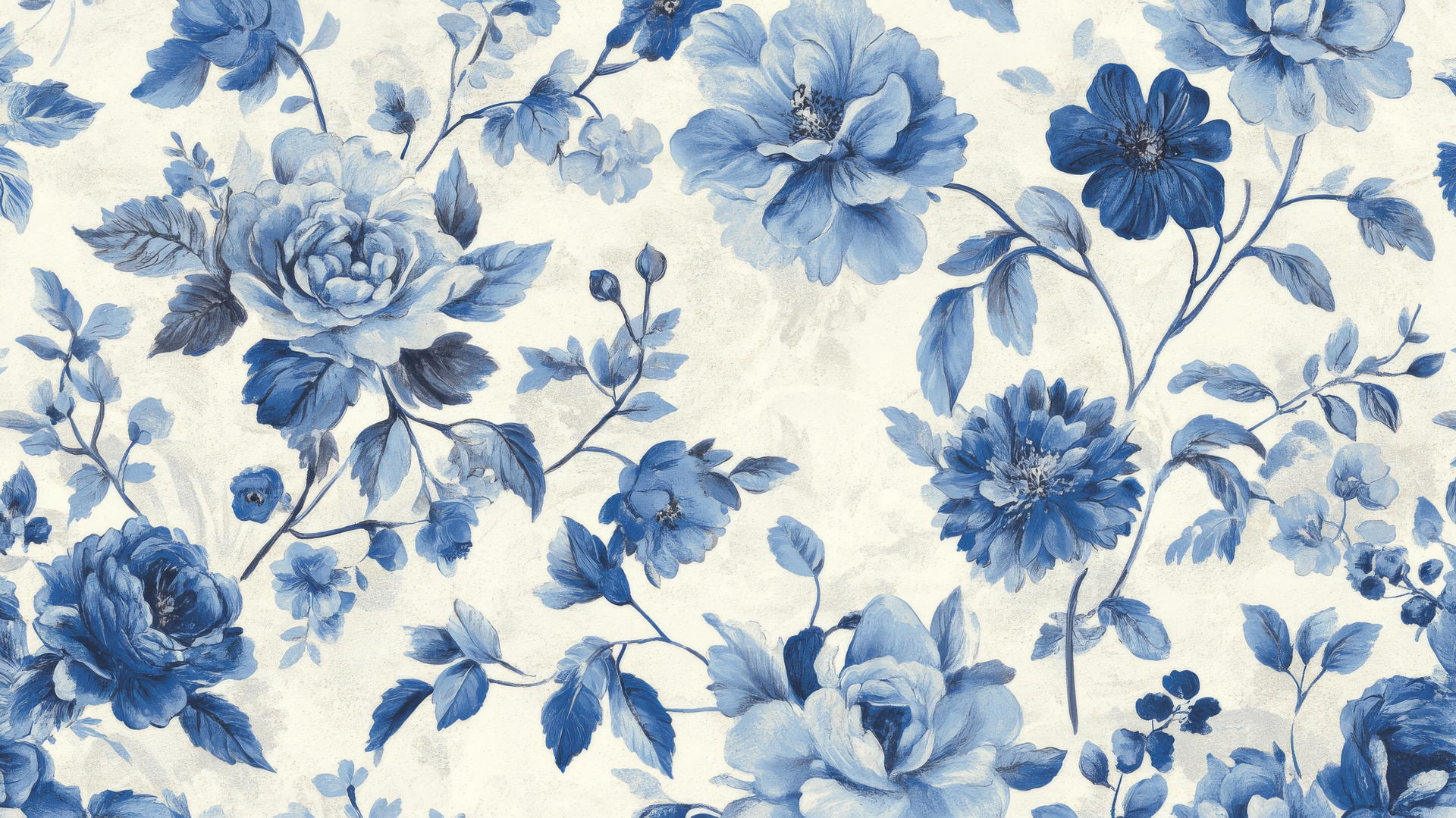 blue floral wallpaper with intricate flowers and leaves on a cream background
