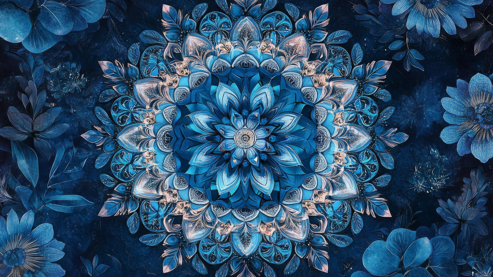Blue floral wallpaper with mandala and intricate flower patterns