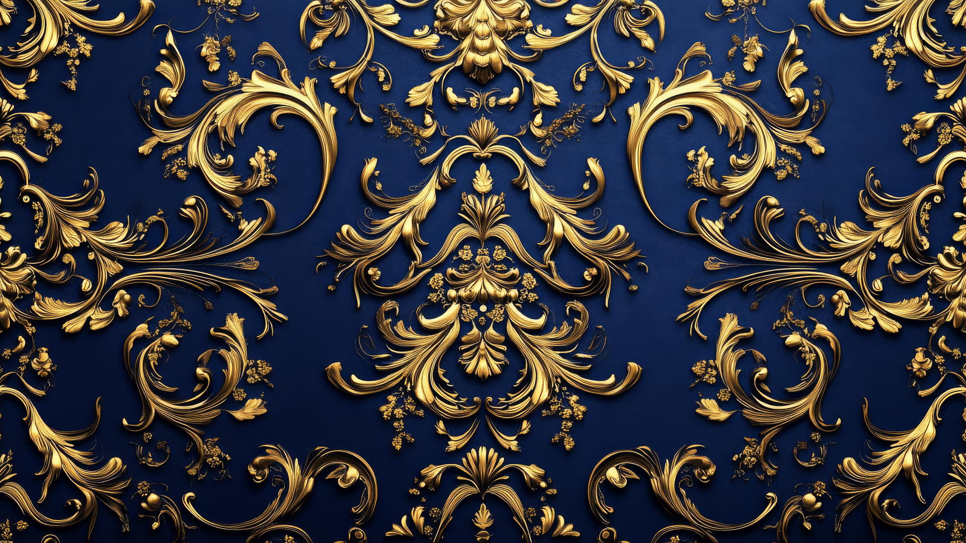 royal blue wallpaper with intricate Baroque pattern in blue and gold
