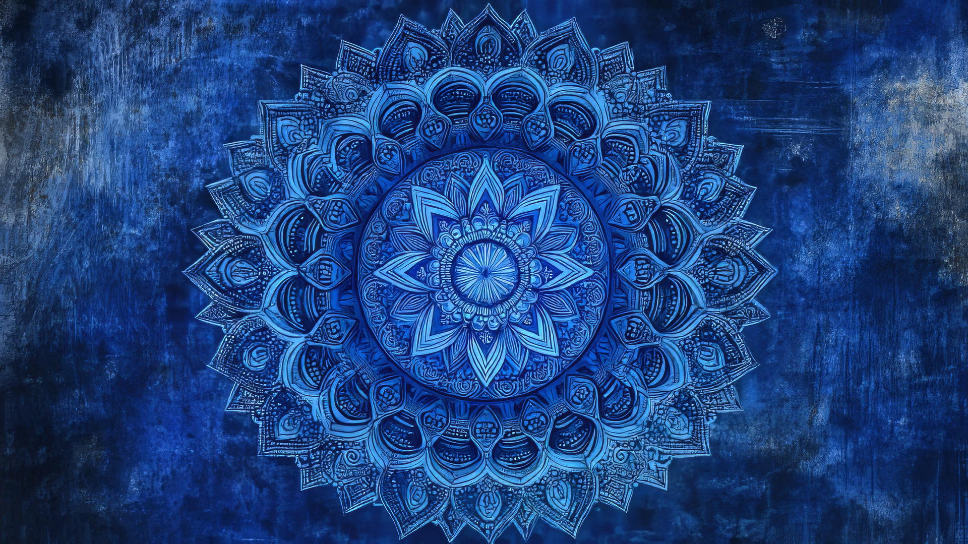 A digital royal blue wallpaper with a detailed mandala design and intricate patterns.