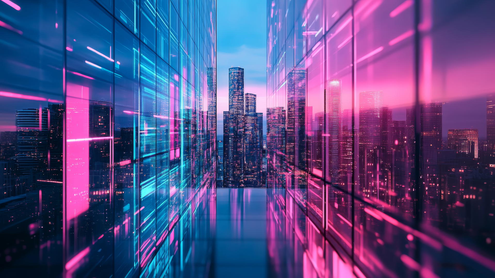 pink and blue wallpaper of modern cityscape with neon lights