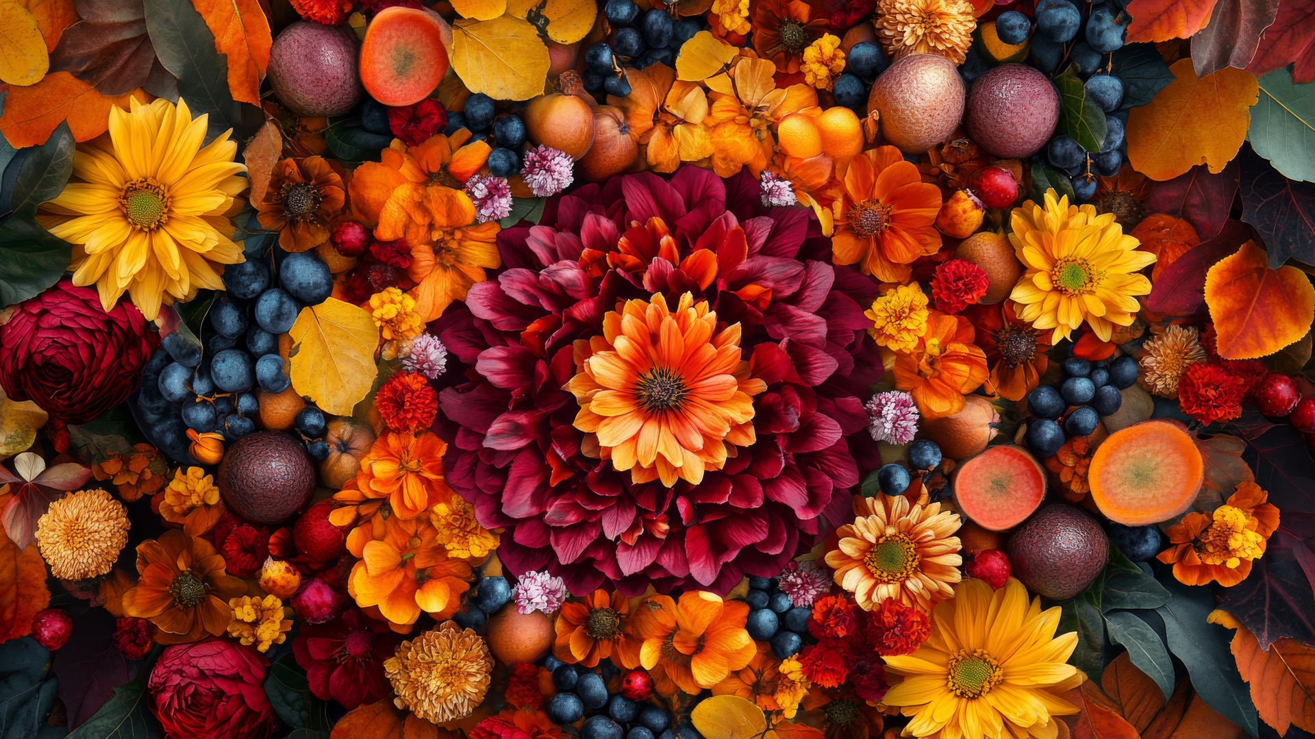 thanksgiving wallpaper aesthetic with real and digital flowers, autumn foliage, and fruits in a mandala pattern