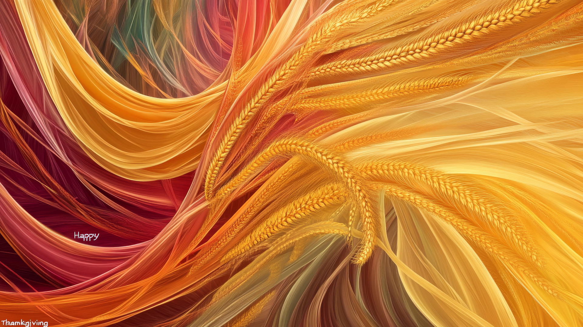 happy thanksgiving wallpaper with swirling patterns of golden wheat, colorful corn cobs, and soft amber waves