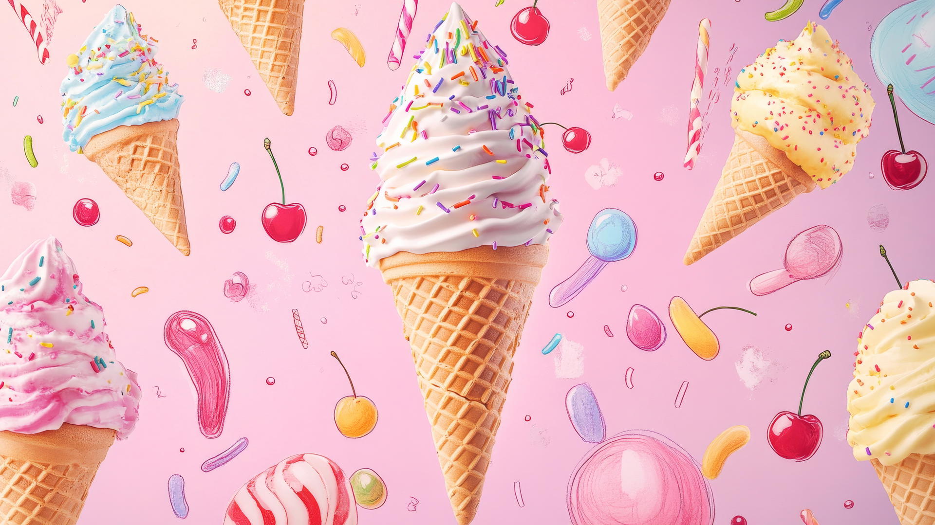 cute summer wallpaper with whimsical ice cream parlor scene, pastel ice cream cones, and playful doodles