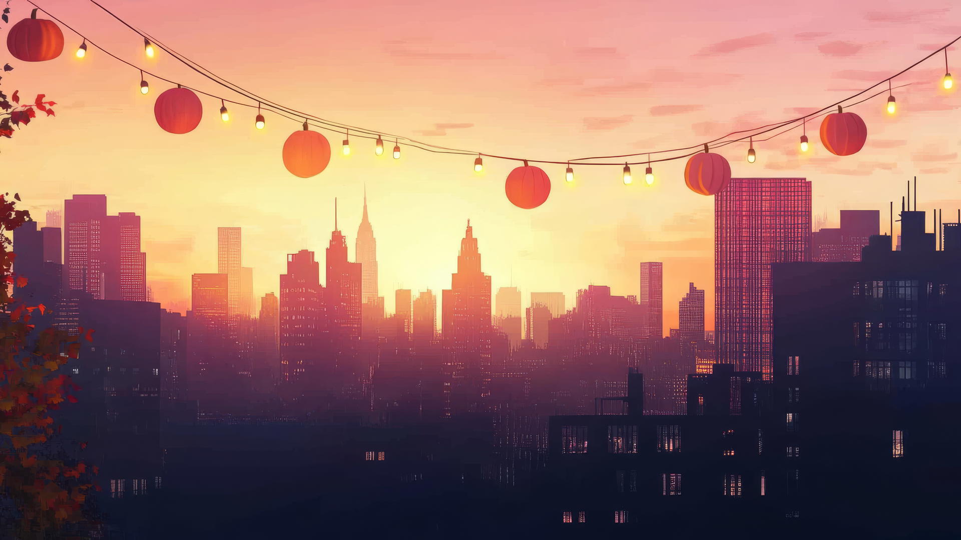 thanksgiving wallpaper of a city skyline at sunset with decorations