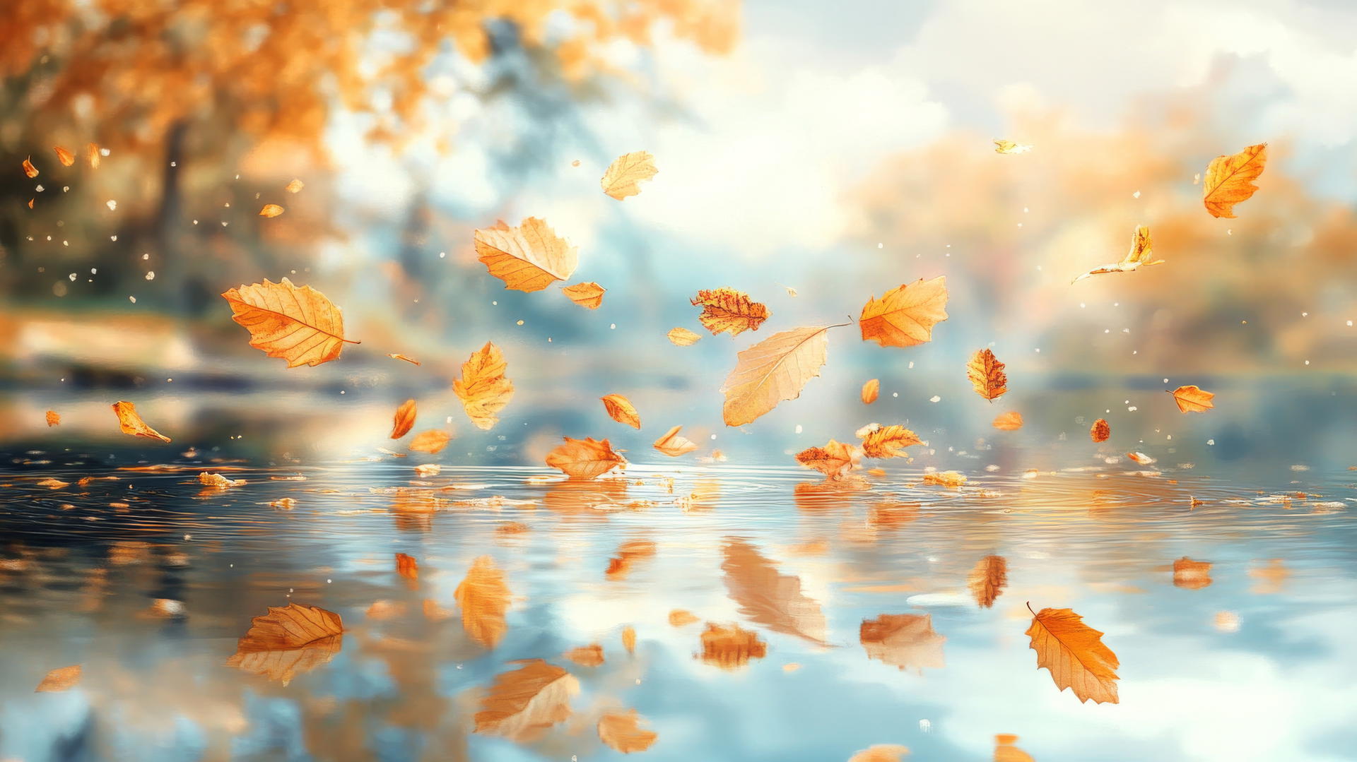 Aesthetic thanksgiving wallpaper with golden leaves floating above a mirror-like pond.