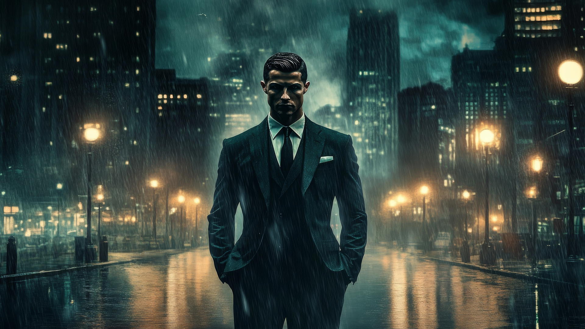 cool ronaldo wallpaper, Cristiano Ronaldo in a suit with a dark city skyline and glowing streetlights