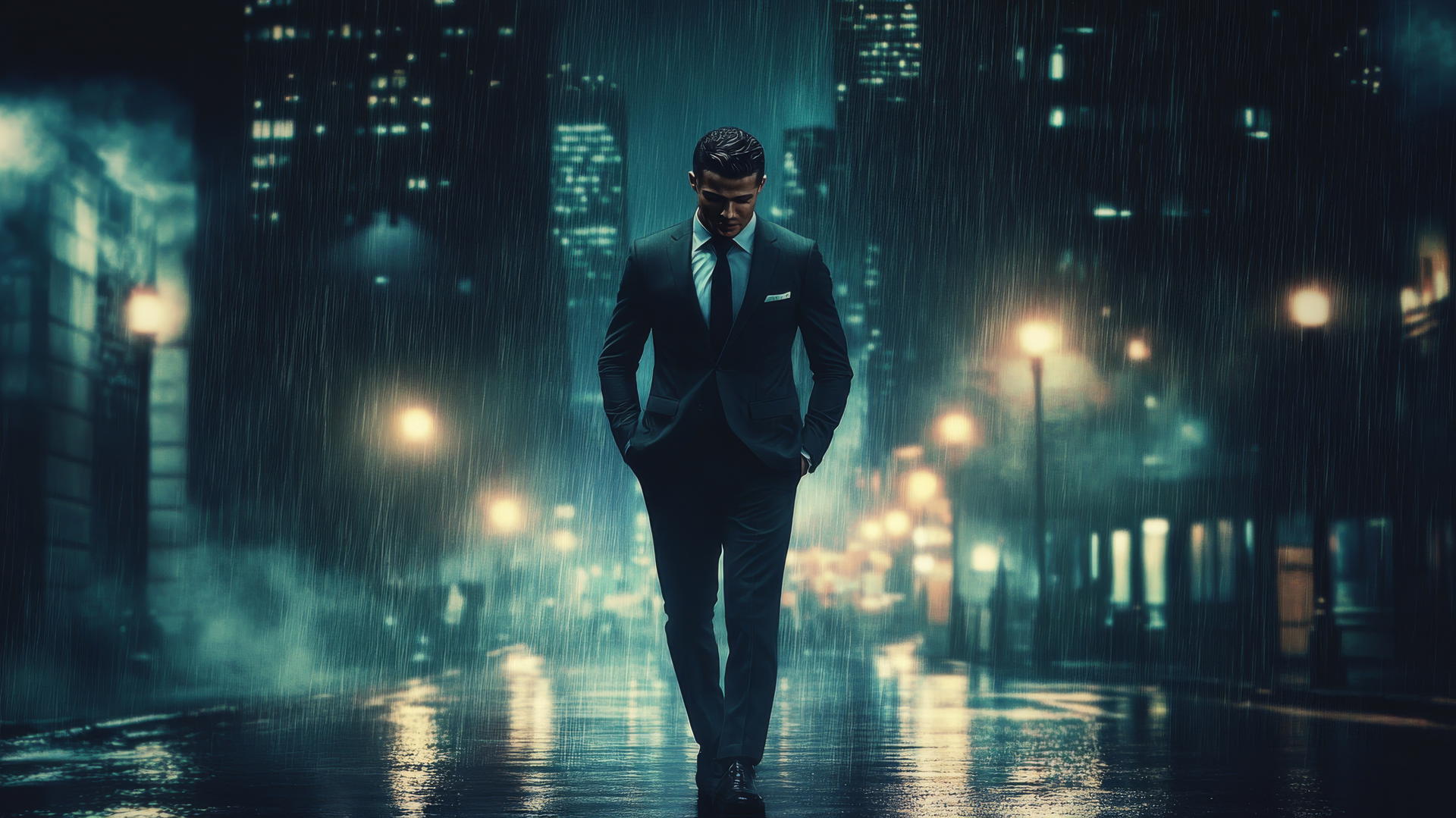 Cristiano Ronaldo 4K wallpaper with dark, moody city skyline background