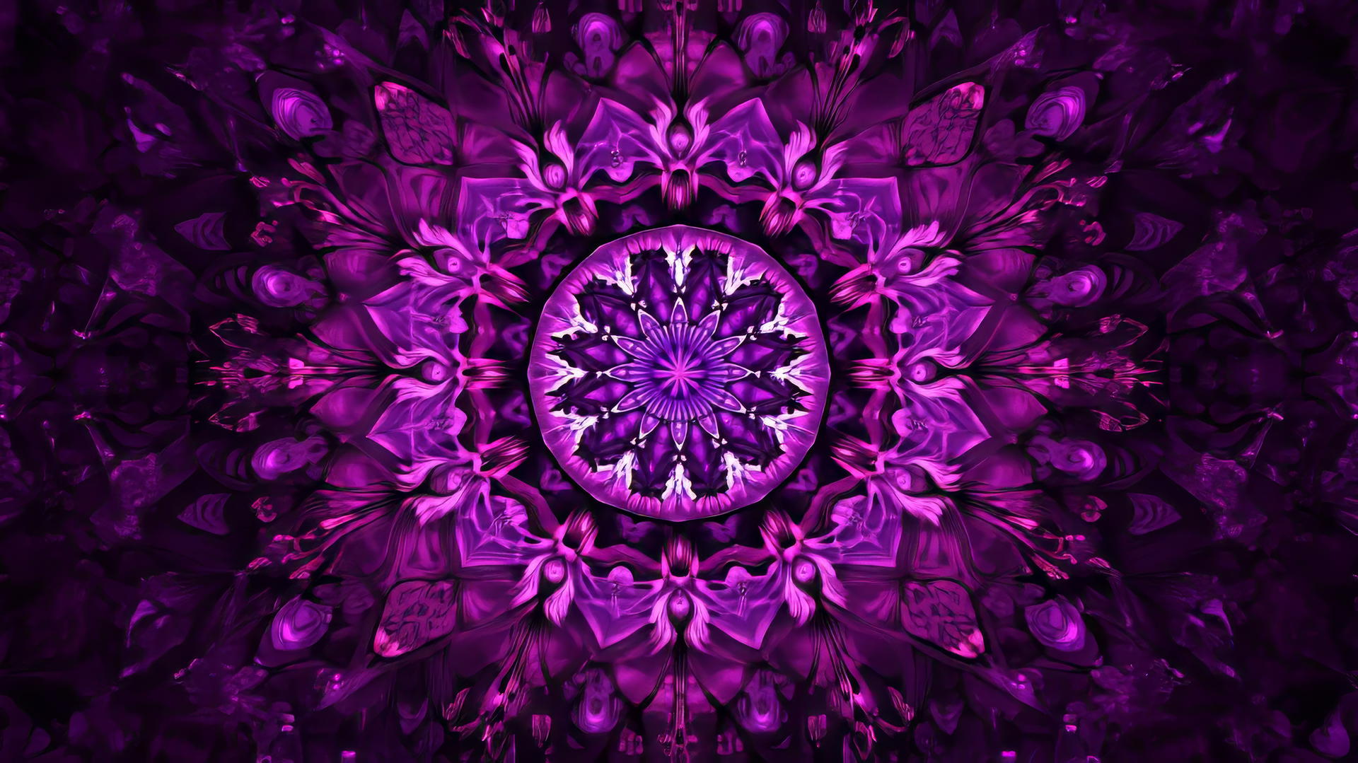 Purple wallpaper 4k with a symmetrical mandala design in shades of purple and violet.