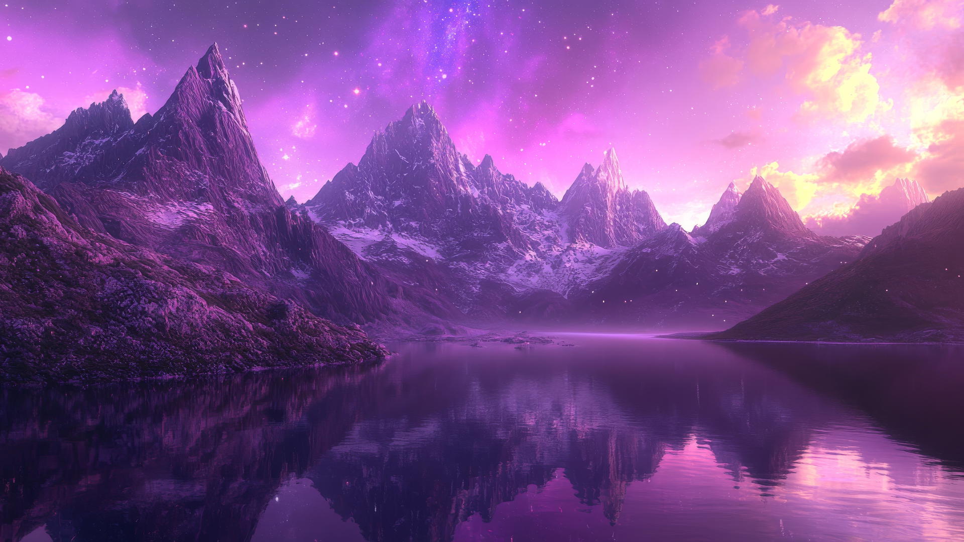wallpaper purple 4k with fantasy landscape, purple mountains, glowing stars, serene lake
