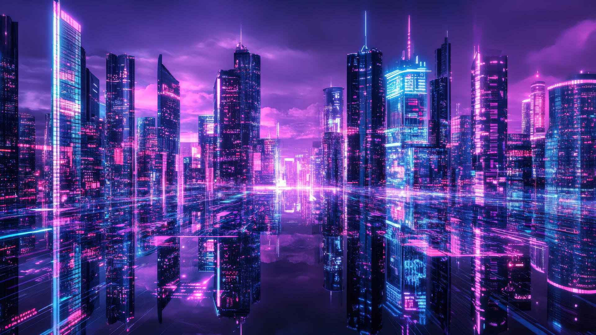 wallpaper purple 4k, futuristic cityscape at night with purple and blue neon lights