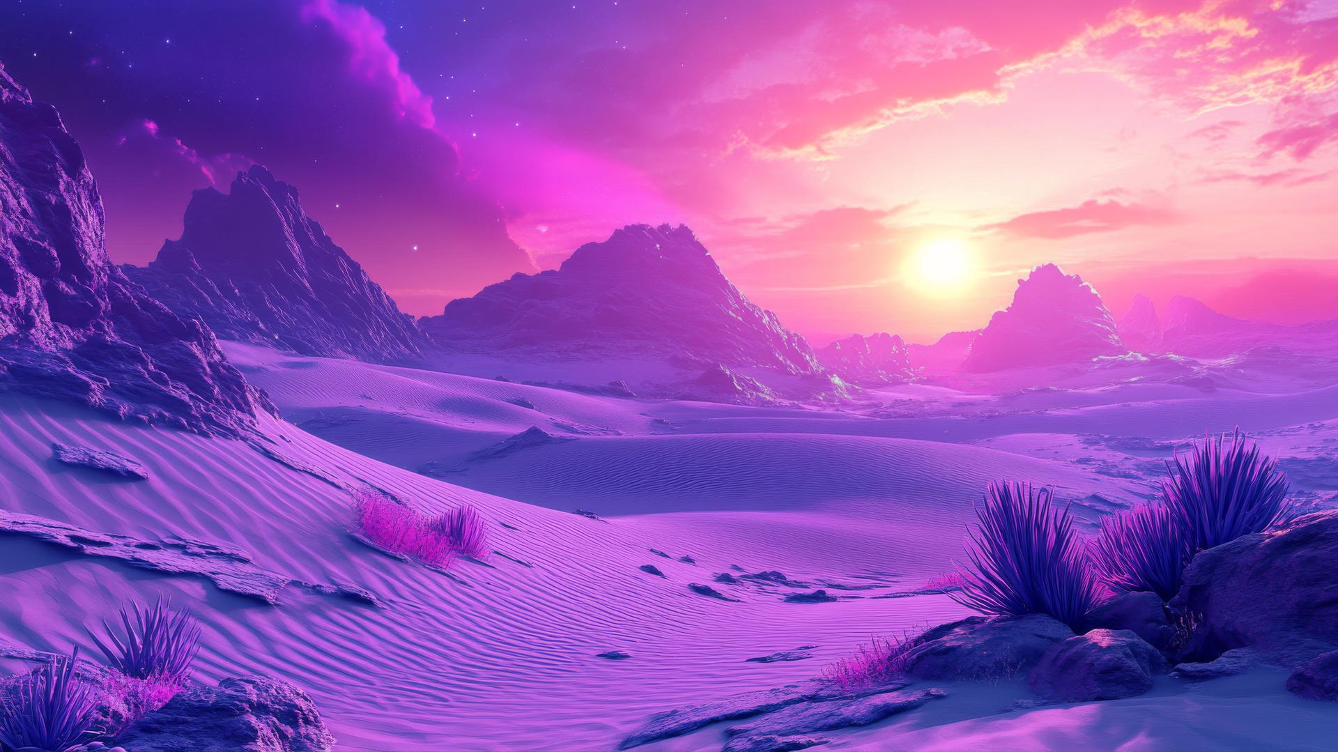 surreal desert landscape with purple sand dunes, glowing violet sunset, strange alien flora, wallpaper purple 4k