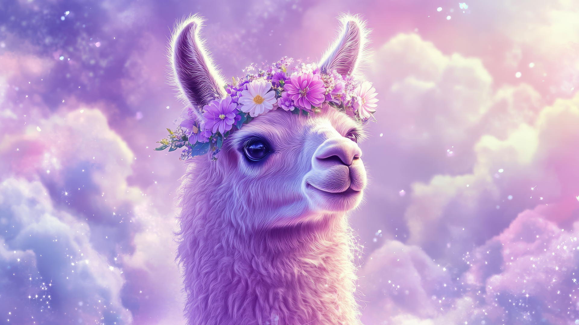cute purple wallpaper with a llama wearing a flower crown, pastel clouds, and sparkles