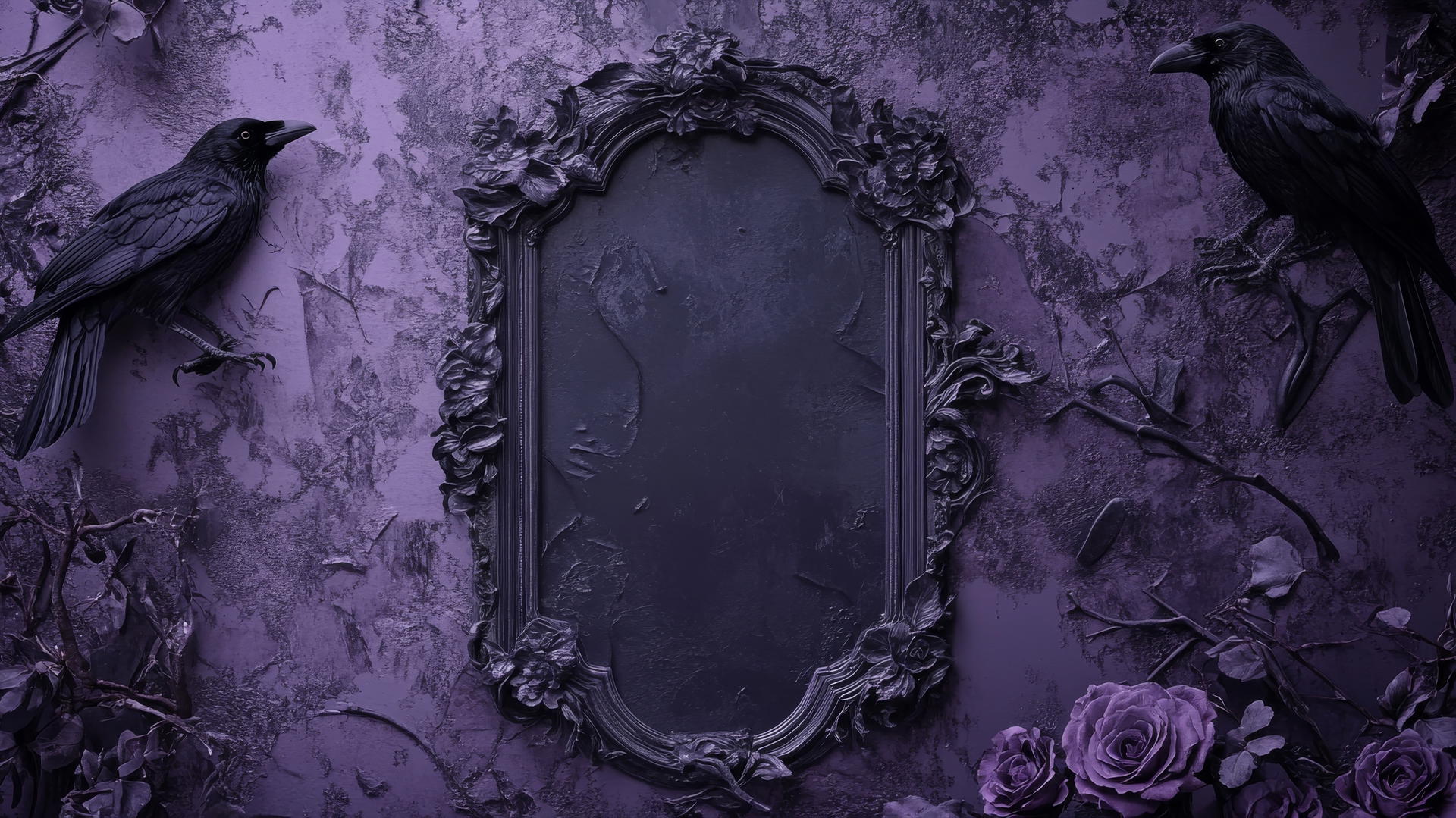 gothic-inspired dark purple wallpaper with Victorian frames, ravens, and roses