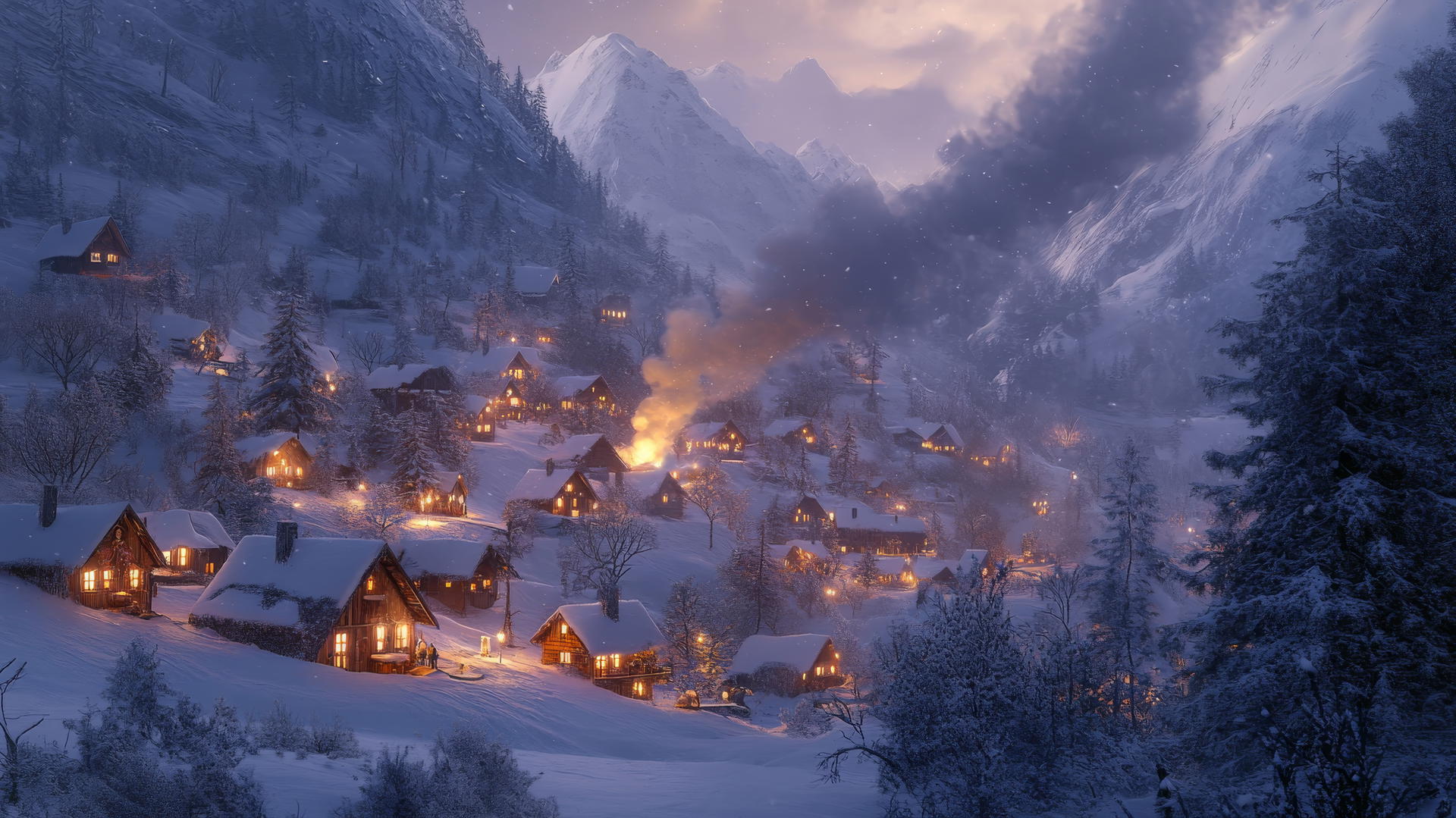 winter wallpaper with cozy village in snowy valley, glowing lights from windows, smoke from chimneys