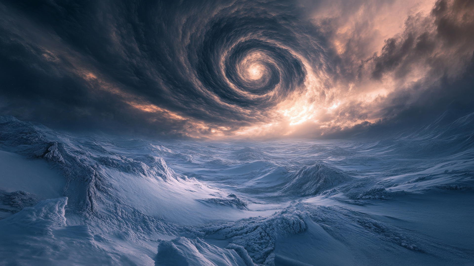 winter wallpaper with a dramatic storm, swirling snow, and dark clouds