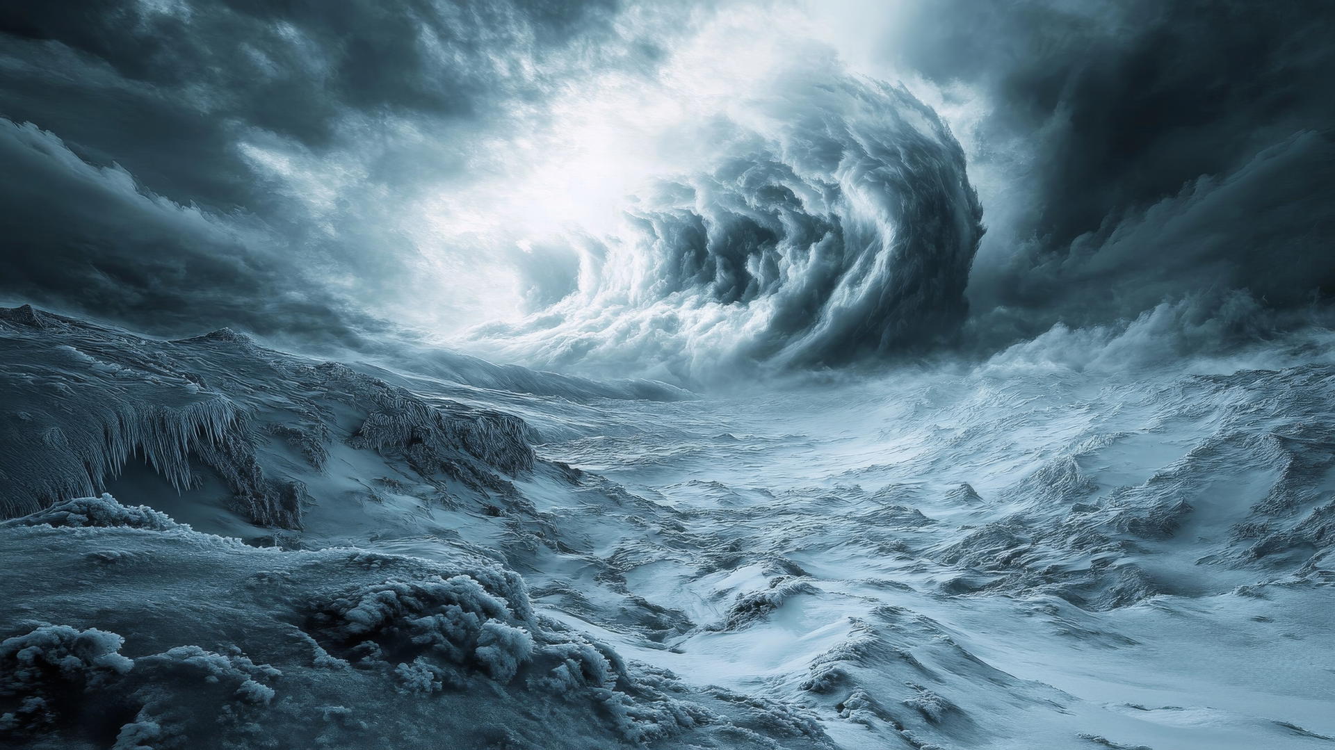 Winter wallpaper of a dramatic storm over a rugged landscape with swirling snow and dark clouds.