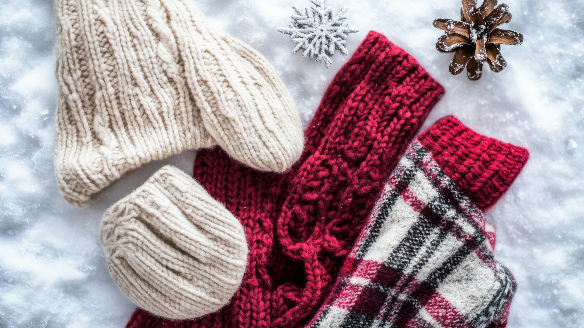 Winter aesthetic wallpaper with winter fashion essentials like knitted gloves, wool hat, and plaid scarf on snowy backdrop.