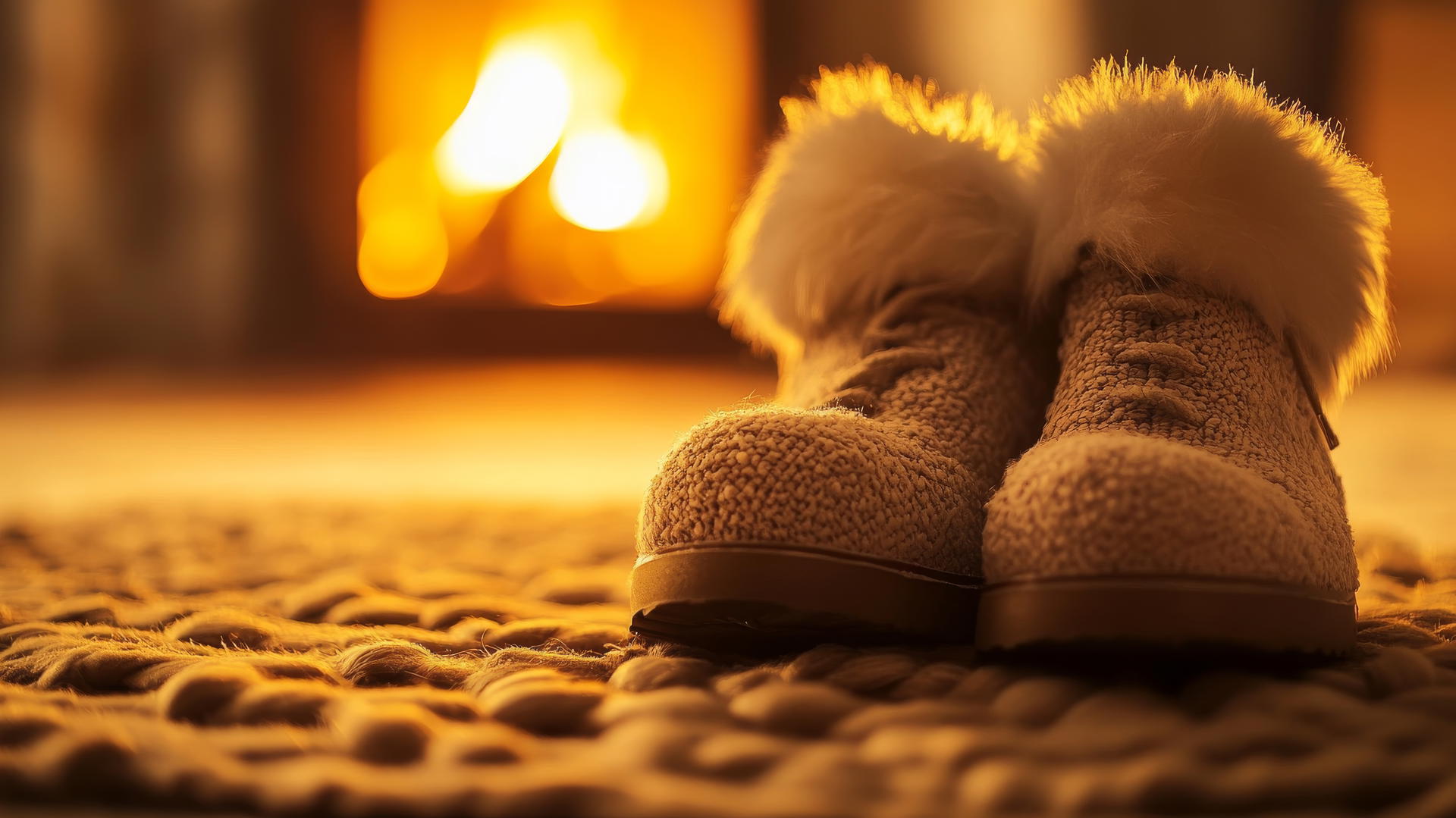 Cozy winter iPhone wallpaper showing fur-lined boots by a crackling fire.