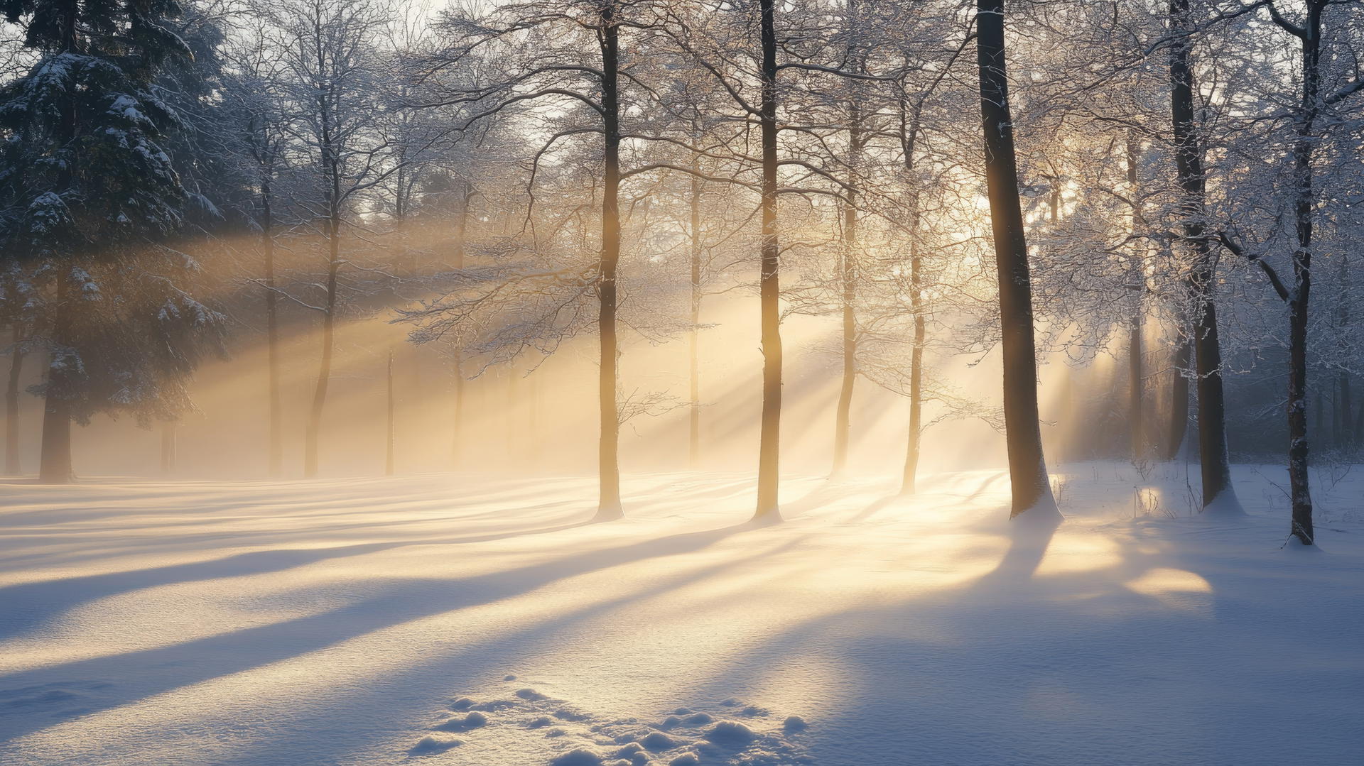 winter wallpaper aesthetic with a peaceful winter morning, mist over a snow-covered forest