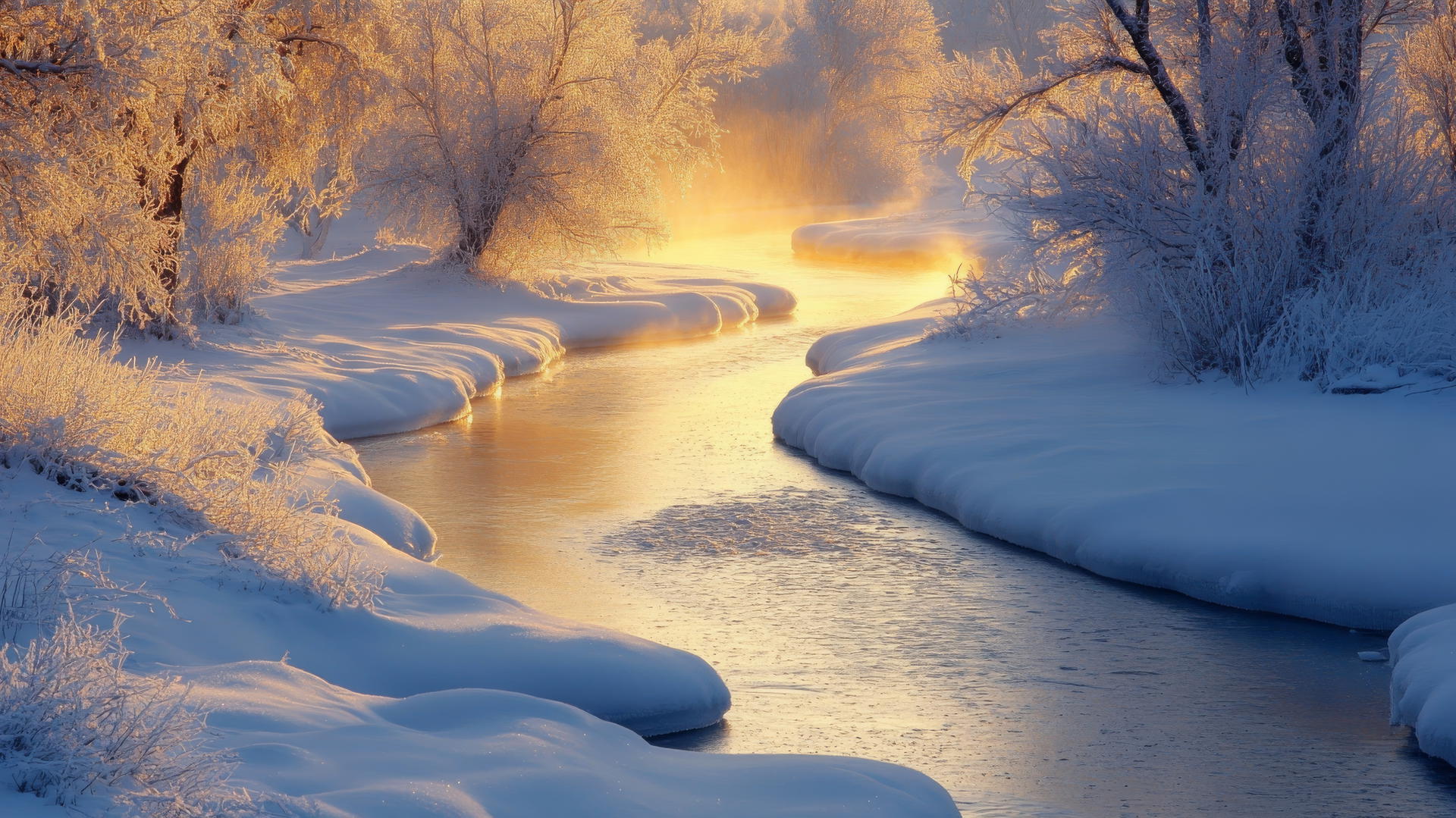 winter wonderland wallpaper with a clear river and frosted trees