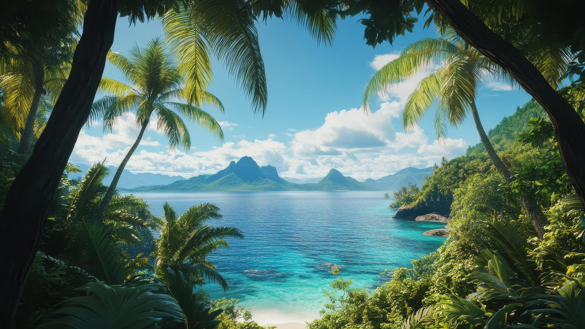 4K panoramic view of tropical paradise with greenery, swaying palm trees, clear ocean, distant islands, beach wallpaper 4k