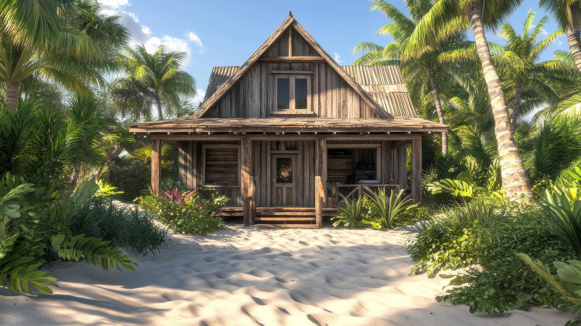rustic beach house with weathered wood siding, tropical plants, and soft sand beach house wallpaper