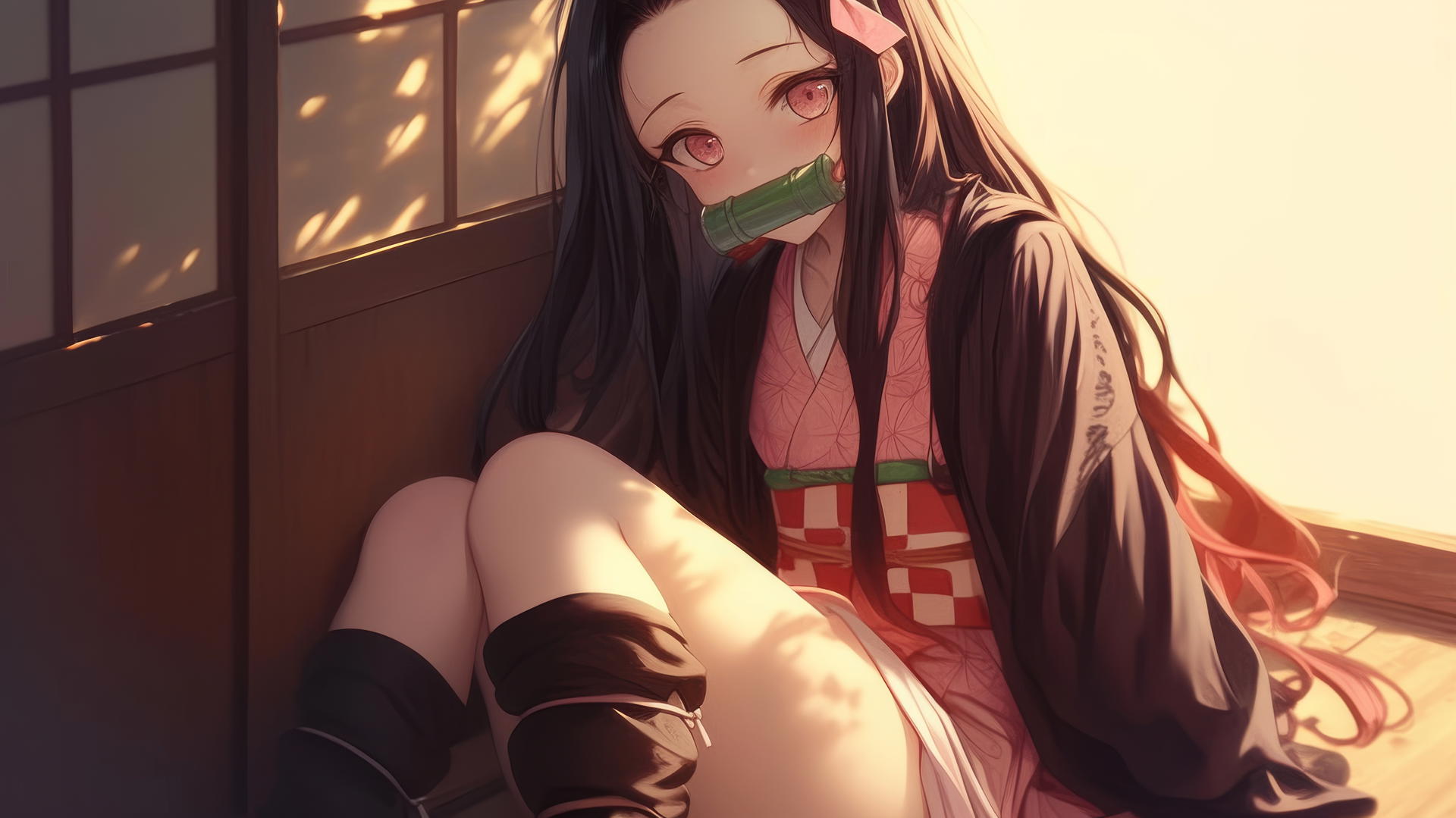 demon slayer wallpaper, demon slayer wallpaper nezuko, Nezuko from Demon Slayer sitting in a sunny apartment