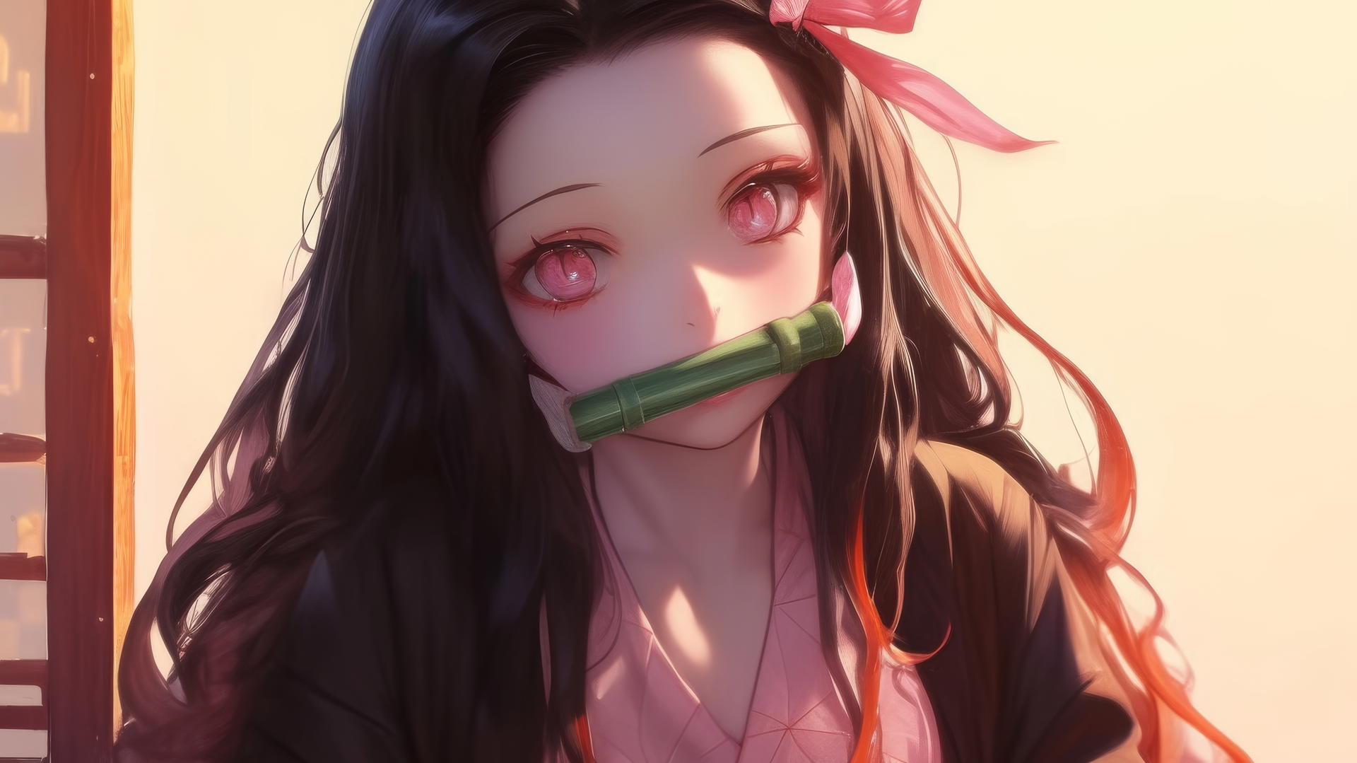 demon slayer wallpaper of Nezuko sitting in a sunny apartment