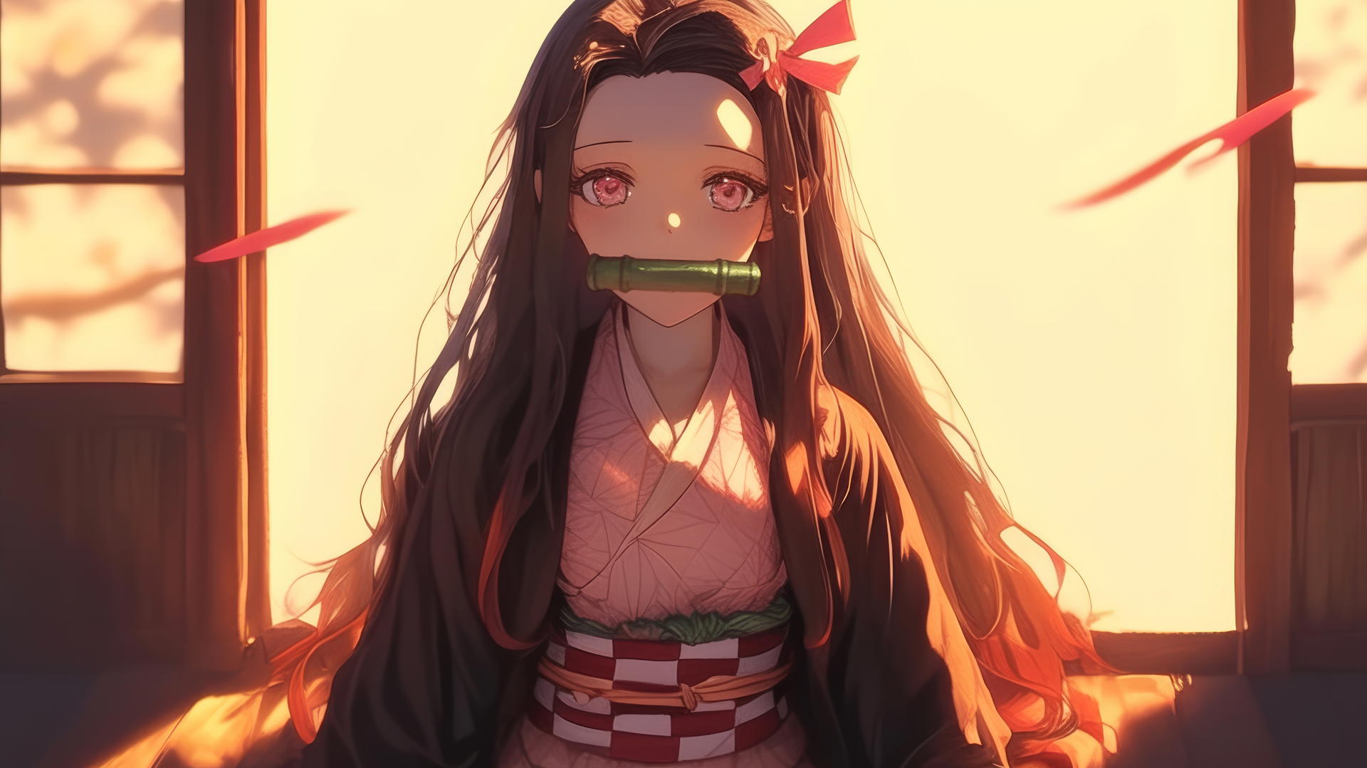 Nezuko from Demon Slayer in sunny apartment, warm light glow, demon slayer wallpaper
