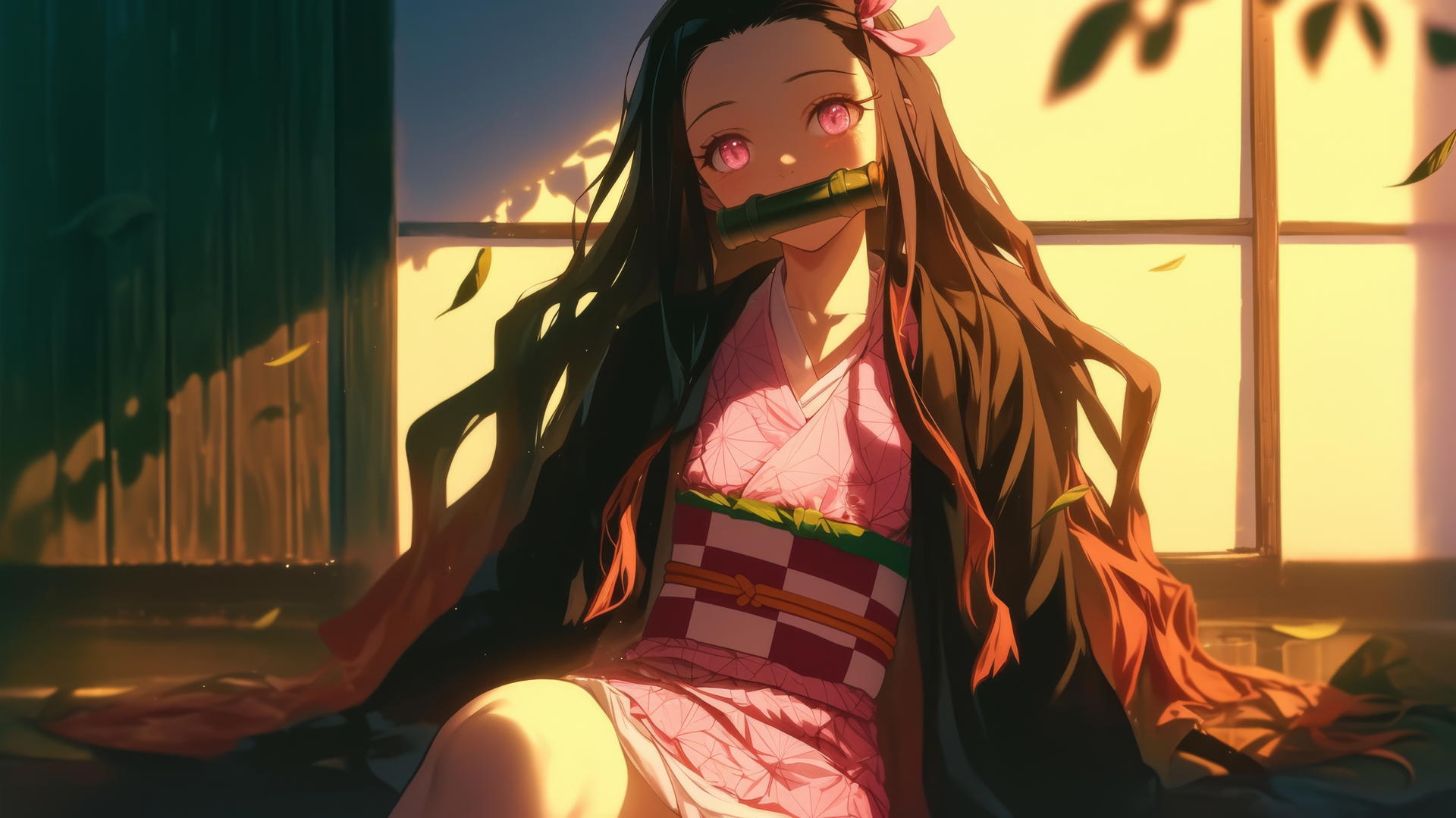 Demon Slayer wallpaper of Nezuko sitting in a sunny apartment with soft pink eyes